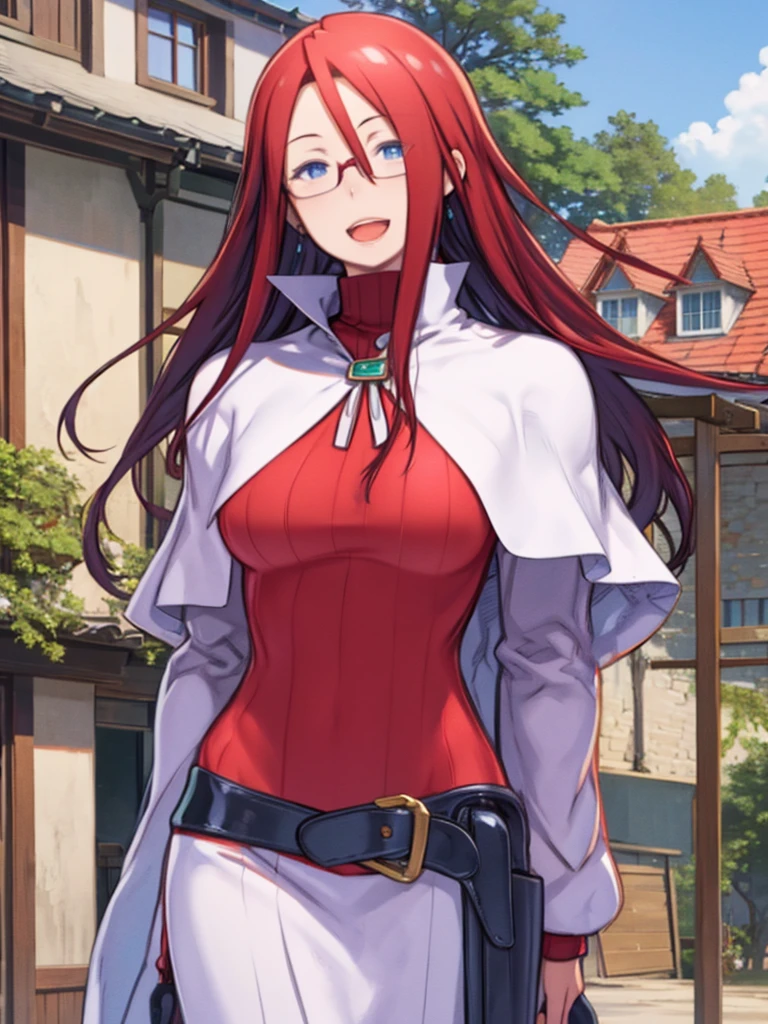 Real、realism、Realistic、One Girl、Red color hair、Hair between the eyes、Straight Long Hair、Blue Eyes、Big Breasts、Red outfit、Turtleneck sweater、Glasses、Cape、Look this way、smile、Open your mouth a little、Medieval Fantasy、Idyllic rural scenery、Warm Light、