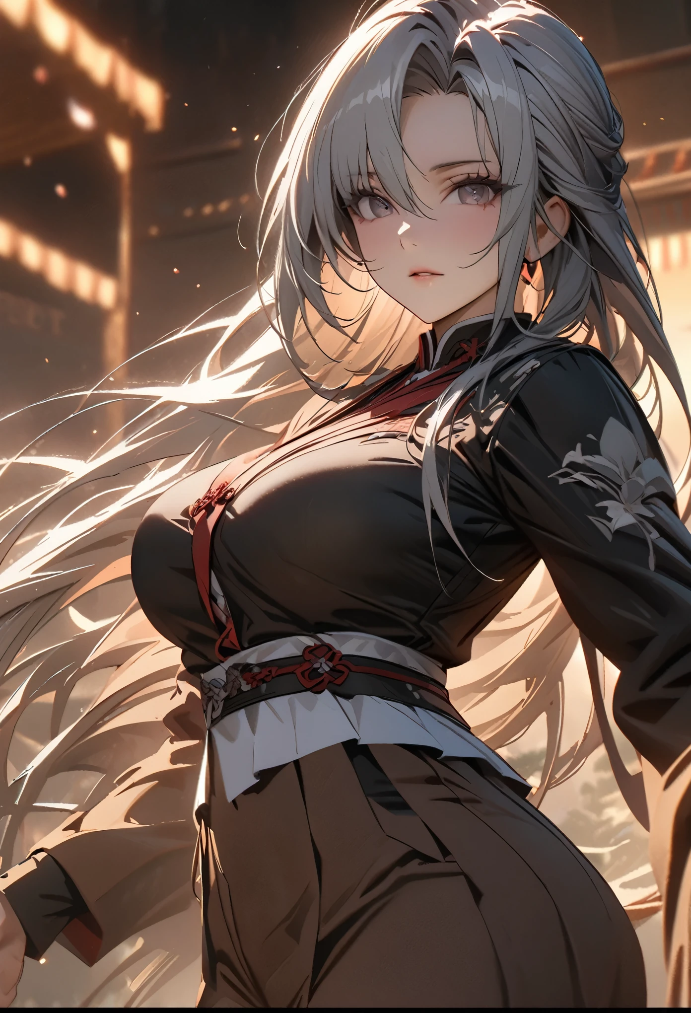 ((solo)), (woman), dark gray eyes, grey hair, long hair, full straight hair, (mature adult), old, ((mature)), tall, fit, big breasts, a close up of a person, detailed key anime art, casimir art, masamune shiro, masamune, beautiful girl in demon slayer art, heise jinyao, shadowverse style, (no logos), brown pants, white shirt, dull hair, depth of field, cinematic lighting, ray tracing, depth of field, cinematic lighting, ray tracing, UHD, high details, best quality, highres, high quality, award winning, super detail, masterpiece, 8k, UHD, high details, best quality, highres, high quality, award winning, super detail, masterpiece, 8k