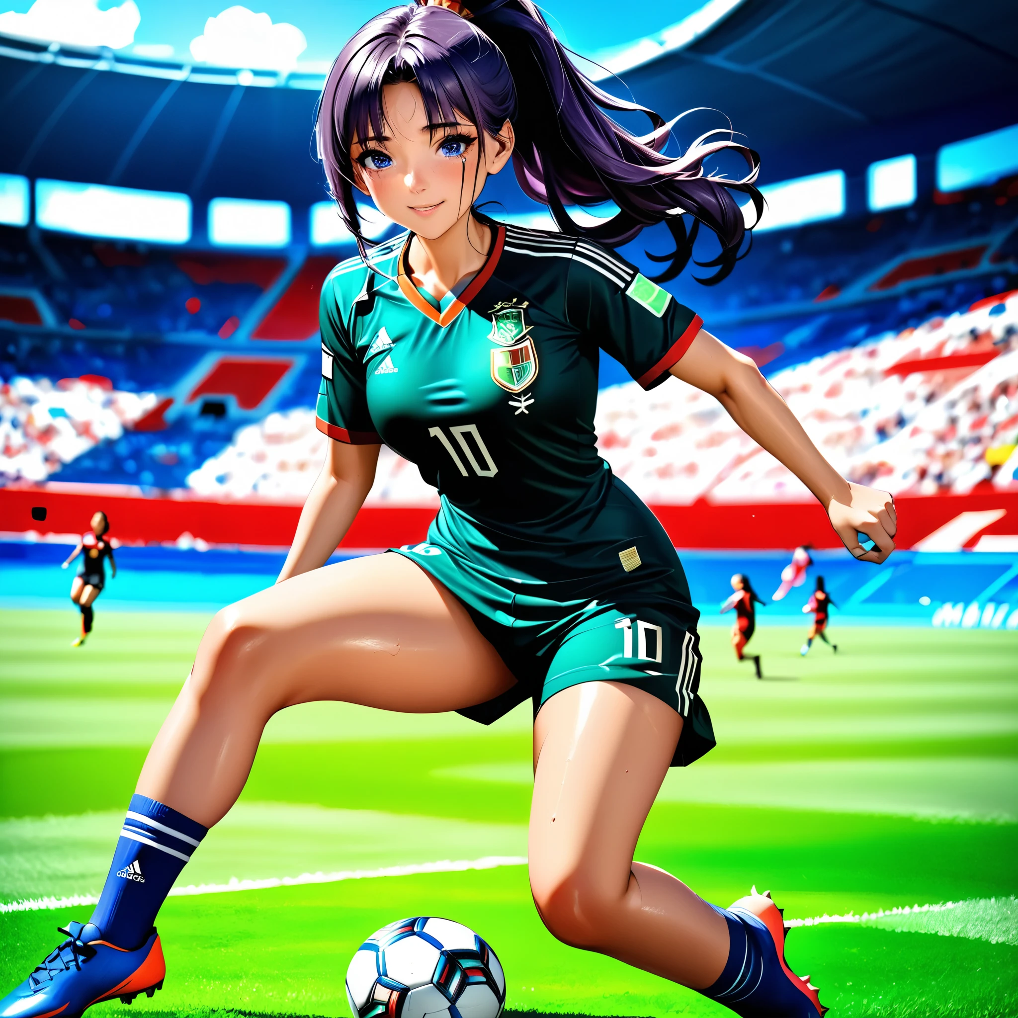 masterpiece, 4k, HDR, full HD, (best quality), (ultra detailed), (only), (extremely delicate and beautiful fabric), super intricate ANIME TYPE, best quality, 1girl, very expressive eyes, deep purple hair, hyper beautiful face, hair purple, Perfect anatomy, shiny and oily skin, full body, alone, 1girl, expressive eyes, perfect face, (bright purple hair, long hair), looking at viewer, bright blue eyes, beautiful face, perfect face, perfect hands, perfect legs, super detailed clothing, intricate clothing, sHe is asian girl, a girl playing soccer, she is wearing the shirt of the Mexican women's national team, the shirt is tight to her slender body, she wears her hair in a ponytail, she is at a soccer game in a super stadium, you can see flashes of cameras in the background, she is smiling very happily, She is kicking the ball towards the rival goal, running,