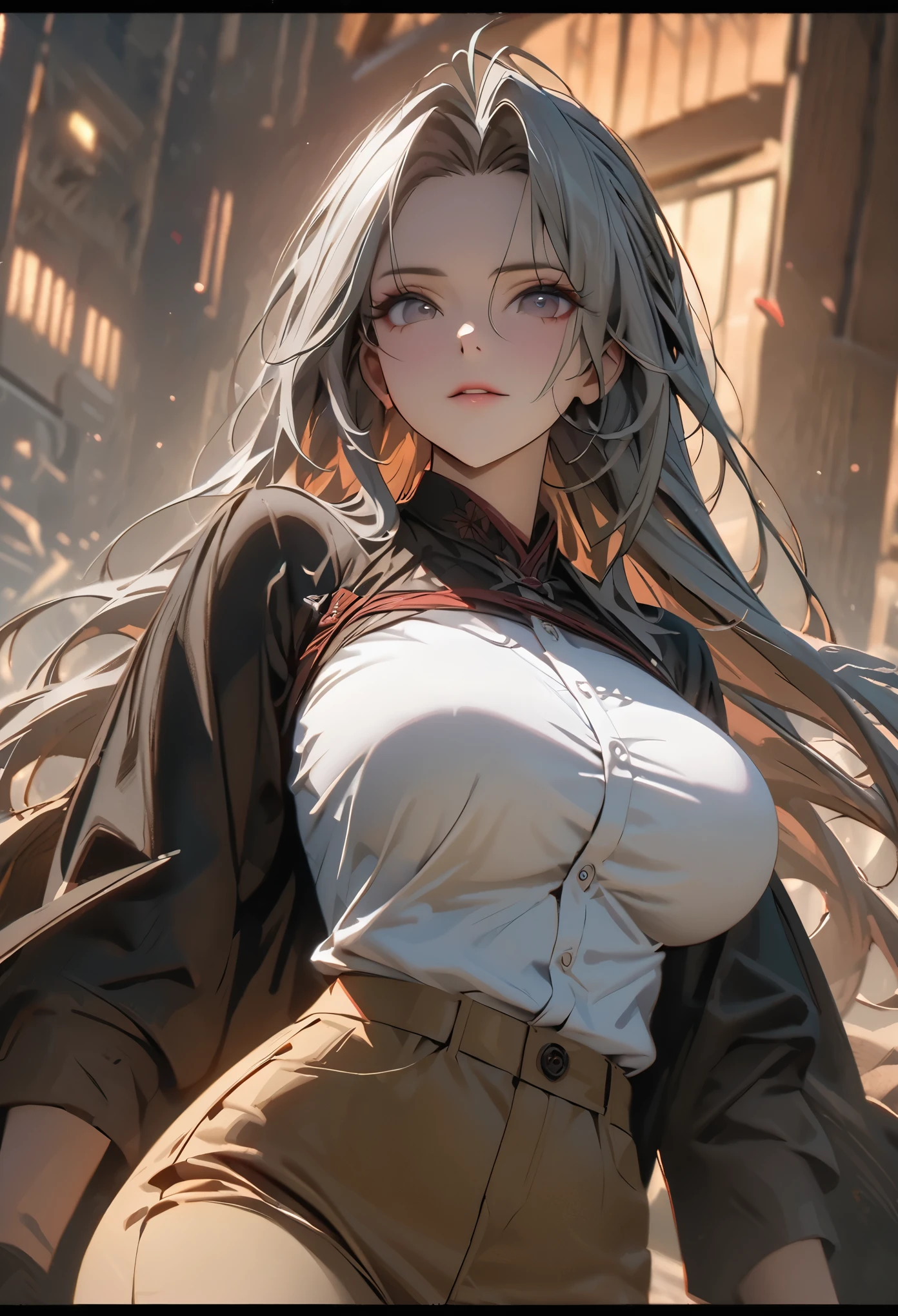 ((solo)), (woman), dark gray eyes, grey hair, long hair, full straight hair, (mature adult), old, ((mature)), tall, fit, big breasts, a close up of a person, detailed key anime art, casimir art, masamune shiro, masamune, beautiful girl in demon slayer art, heise jinyao, shadowverse style, (no logos), brown pants, white shirt, dull hair, depth of field, cinematic lighting, ray tracing, depth of field, cinematic lighting, ray tracing, UHD, high details, best quality, highres, high quality, award winning, super detail, masterpiece, 8k, UHD, high details, best quality, highres, high quality, award winning, super detail, masterpiece, 8k
