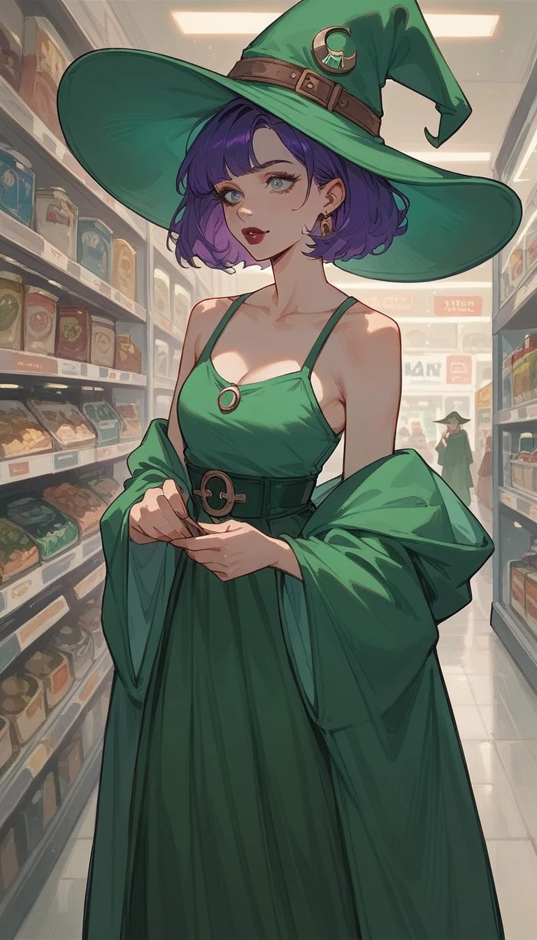 score_9, score_8_up, score_7_up, score_6_up, 1woman, short purple hair, green dress, green hatt, witch hat, green robe, tank top, midi skirt, mage, lipstick, hat store