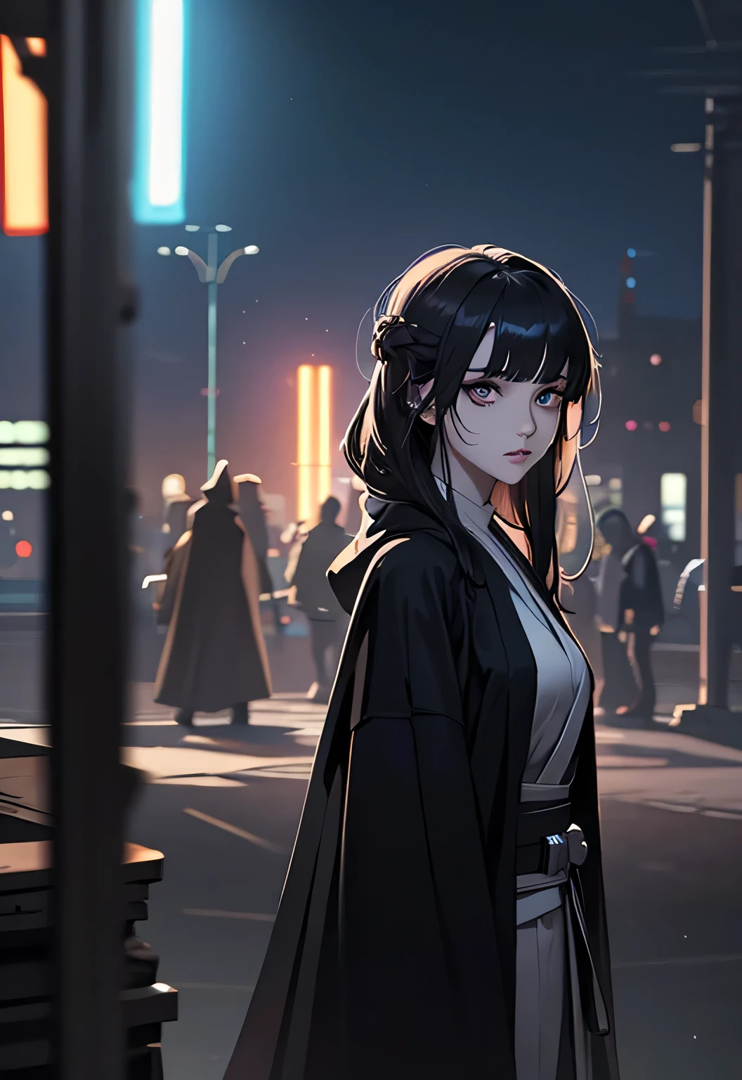 Shadow Face、Star Wars, jedi, black jedi robe、Black Robe, black belt,Star Wars concept art, Star Wars、jedi、Lightsabers、Black Robe、Jedi clothing、Black hoodを被る、Star Wars、beautiful girl、cute、Droopy eyes、Random hair color、Beautiful Long Hair、Straight hair、bangsBangs、bangs、hime cut、Big Breasts、Slim body、slim、(Best Quality,4K,High resolution,Masterpiece 1.2),Very detailed,Real 1.37,Spooky Background,Dark fantasy,Black Theme,Ominous atmosphere,Eye-catching,Anime Style,Concept Art,beautiful, Gentle features, pale Skin, night、Dim lighting、Dark Background, Cinema Lighting, Dramatic Shadows, Spooky atmosphere, Dark words, 1 person&#39;S, Red cheeks, ,(Lightsabers1.3),Ruins,(Wasteland 1.3),((Random hair color)), Female Curves, Sexy flat stomach, Perfect hands, Extend one hand、Perfect anime character face, (Black hood)), standing, ((Black Robe), ,(Star Wars 1.3), In the woods, Moonlight Illumination, Night lighting, jungle、Space Fantasy,SF, Skeleton Gas Light,Absurd, High resolution、 ((Star Wars)), ((Best Quality)), (Very detailedな), ((Very detailed)), (beautiful), ((cute)), 1 person,(1.6)、beautiful face、Full Body Ezbian、pale, Beautiful skin、Big Breasts、Beautiful body、Slim body、beautiful feet、Smiling Kindly、Dark Building Ruins、(Ruins 1.3)、Low angle full body shot、(Random Background 1.3)、(Random Lightsabers Color 1.3)、Spirits、Droopy eyes、bangs, Long Hair, Star Wars、jedi、Blue Lightsabers、Ready your Lightsabers、Star Wars Background、Ruins、In the woods、night、There are lots of clone troopers from STAR WARS CLONE WARS