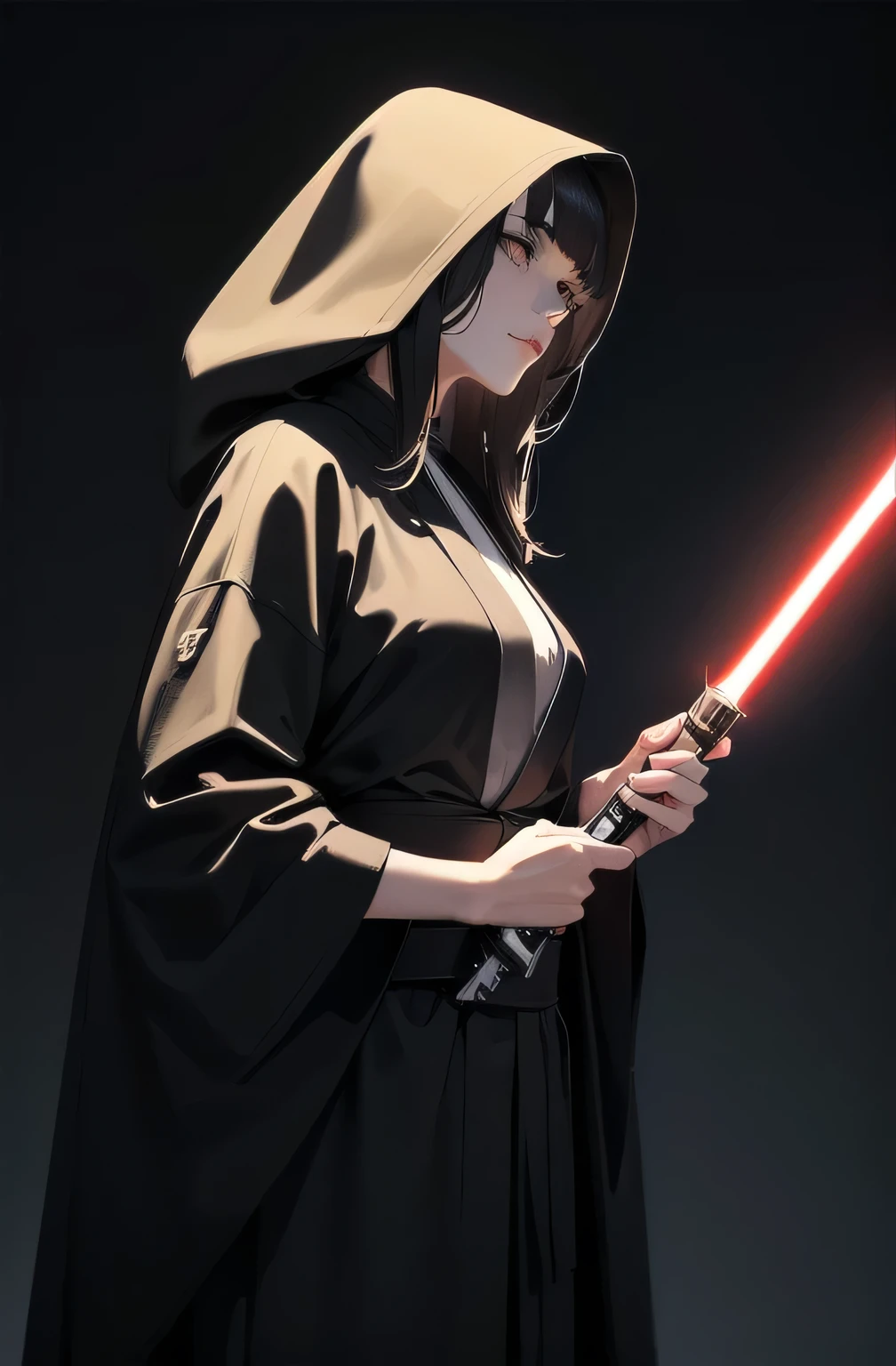 Shadow Face、Star Wars, jedi, black jedi robe、Black Robe, black belt,Star Wars concept art, Star Wars、jedi、Lightsabers、Black Robe、jediの服、Black hoodを被る、Star Wars、beautiful girl、cute、Droopy eyes、Random hair color、Beautiful Long Hair、Straight hair、bangsBangs、bangs、hime cut、Big Breasts、Slim body、slim、(Best Quality,4K,High resolution,Masterpiece 1.2),Very detailed,Real 1.37,Spooky Background,Dark fantasy,Black Theme,Ominous atmosphere,Eye-catching,Anime Style,Concept Art,beautiful, Gentle features, pale Skin, night、Dim lighting、Dark Background, Cinema Lighting, Dramatic Shadows, Spooky atmosphere, Dark words, 1 person&#39;S, Red cheeks, ,(Lightsabers1.3),Ruins,(Wasteland 1.3),((Random hair color)), Female Curves, Sexy flat stomach, Perfect hands, Extend one hand、Perfect anime character face, (Black hood)), standing, ((Black Robe), ,(Star Wars 1.3), In the woods, Moonlight Illumination, Night lighting, jungle、Space Fantasy,SF, Skeleton Gas Light,Absurd, High resolution、 ((Star Wars)), ((Best Quality)), (Very detailedな), ((Very detailed)), (beautiful), ((cute)), 1 person,(1.6)、beautiful face、Full Body Ezbian、pale, Beautiful skin、Big Breasts、Beautiful body、Slim body、beautiful feet、Smiling Kindly、Dark Building Ruins、(Ruins 1.3)、Low angle full body shot、(Random Background 1.3)、(Random Lightsabers Color 1.3)、Spirits、Droopy eyes、bangs, Long Hair, Star Wars、jedi、Blue Lightsabers、Ready your Lightsabers、Star Wars Background、Ruins、In the woodsで、night