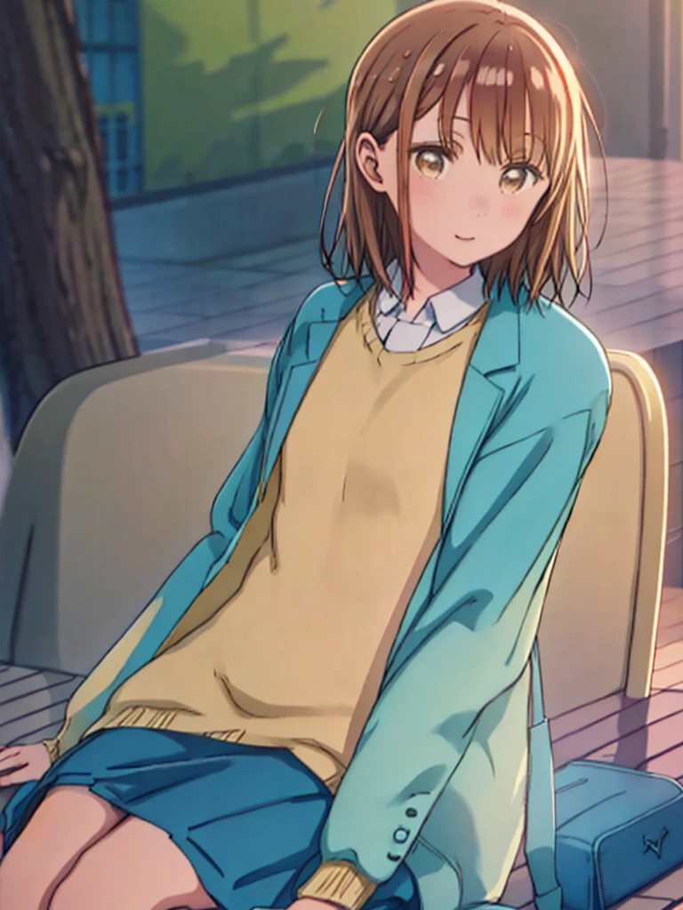 One Girl, bangs, Blue Skirt, Brown eyes, Brown Hair, sitting on a park bench、Light blue jacket、Yellow clothes、