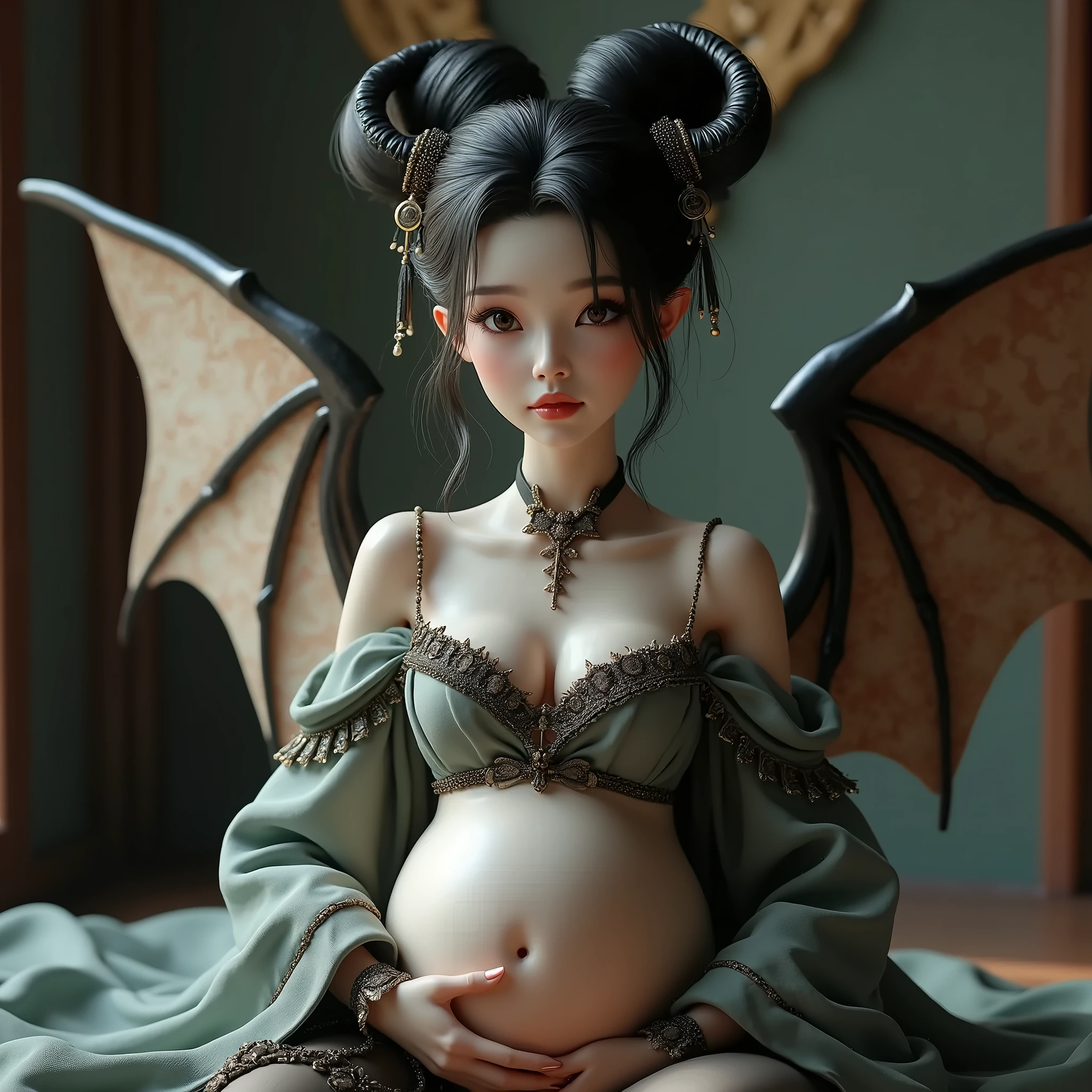 realistic elf woman, very detailed faces, black hair, full body, NSFW, red blush, blushing, slim abdomen: 1.2, detailed eyes, sexy, undressed, naked,  open mouth, pregnant