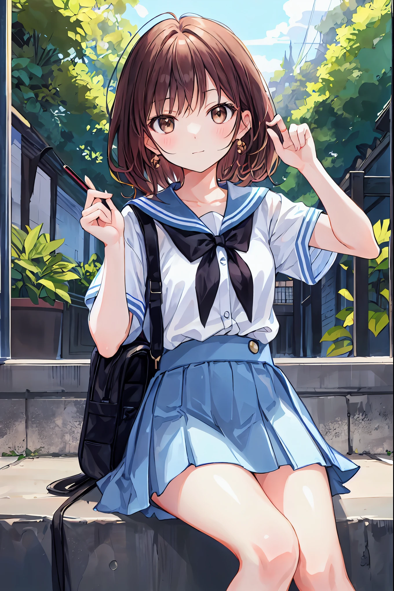 Anime girl sitting on a ledge with her hand up - SeaArt AI
