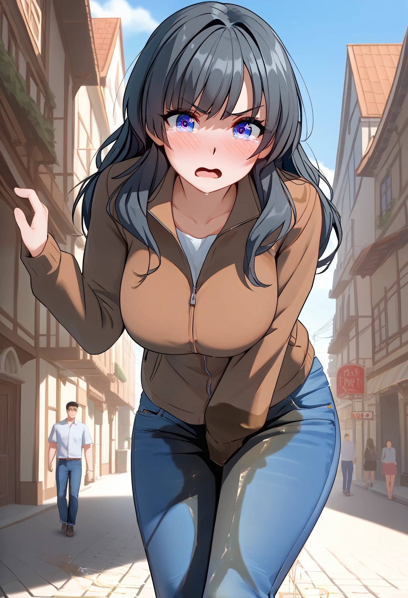 BREAK, (SuperQuality:1.0), mavuika (genshin impact), 1girl, (1boy:3.0), (couple:3.0), woman, (huge breasts:1.5), A detailed portrait of a young woman with beautiful black hair, (swept bangs:2.0), blue eyes, ( long hair:2.0), stylish jacket, (dark blue jeans:2.0), (low-cut jeans:2.0), (low-rise jeans:2.0), (slender:2.0), (hand on another's crotch:3.0), midriff, navel, black hair, jacket, (1girl, detailed eyes, extremely detailed face), (beautiful detailed eyes:2.0), (extremely detailed eyes and face:2.0), long eyelashes, (wetting self:2.0), (legs crossed:2.0), embarrassed, humiliation (blushing:2.0), (angry:1.5), (open mouth:1.5), tears, (standing:2.0), facing viewer, outdoors, volcano, day, daytime, (best quality, 4k, 8k, highres, masterpiece:2.0), (extremely high quality:2.0), (ultra-detailed:2.0), HDR, UHD, studio lighting, ultra-fine painting, sharp focus, physically-based rendering, extreme detail description, professional, vivid colors, bokeh, portrait