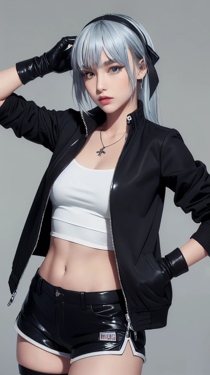 masterpiece, best quality,chinese,quanxi (chainsaw man),1girl, cigarette, weapon, sword, solo, smoking, black tank top, eyepatch, belt, tank top, holding, holding cigarette, smoke, breasts, pants, white hair, black pants, long hair, ponytail, holding weapon, simple background, grey background, katana