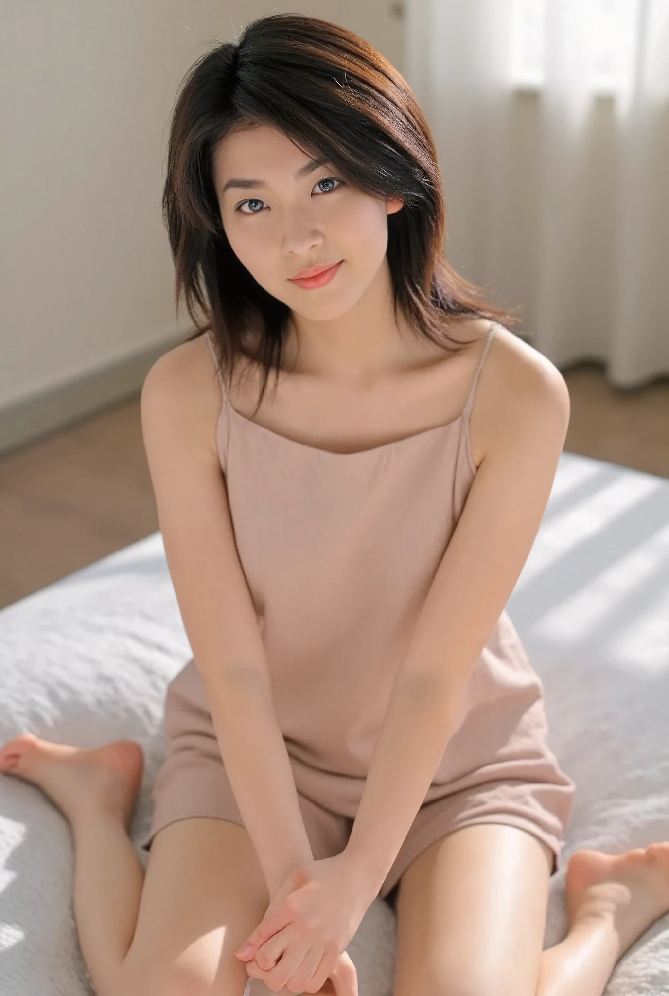 ((Extremely precise and accurate anatomy)), (photo Realistic:1.4), (hyper Realistic:1.4), (最高品質のRealisticな肌の質感:1.4), (Improved quality:1.4), (Enhances the beauty of skin texture:1.1), clean, Glowing Skin, (Realistic:1.3), Realisticなライティング, (Smoother lighting:1.05), (Improving the quality of cinema lighting:0.9), Backlight, Gentle light for your face, Ray Tracing, (Bright light:1.2), 32K, Japanese women, fine grain, Detailed face, (Film Grain:1.1),(Accentuate your body lines:1.1), High resolution, Natural look, Kind eyes, Improves hair quality, Delicate light and shadow, Beautiful Eyes, Sharp details, Soft light reflection, Beautiful contours, Delicate skin tones, (((Photographed from below))),((Spread your legs:1.3)),A loose fitting camisole,barefoot,One Girl,Realistic,bedroom、Looks sleepy