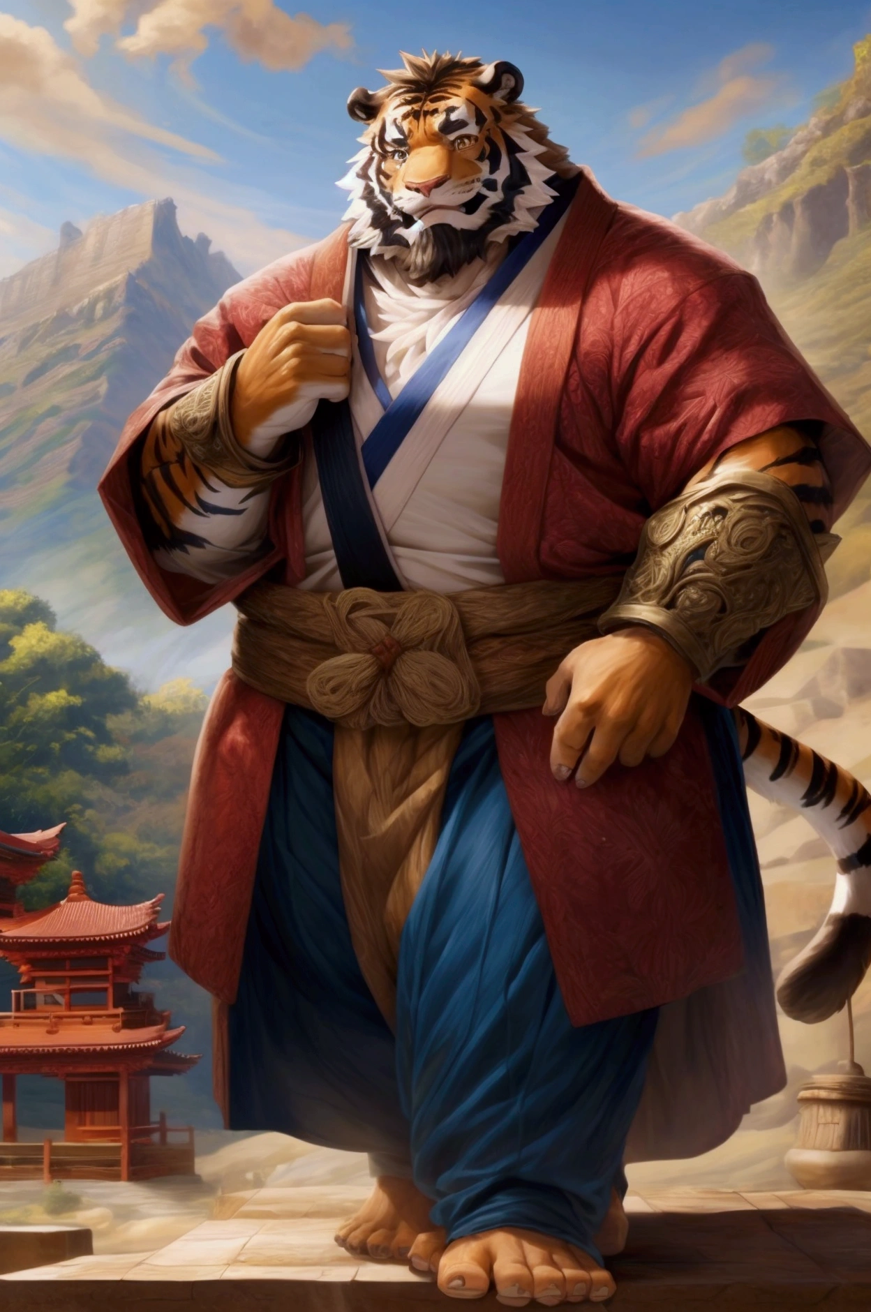 Paladin, ((a plump middle-aged Japanese tiger man)), BREAK full body in Michelangelo Buonarroti style, digital illustration anime, character focus, full body, looking away, dynamic angle, BREAK little smile, armor, standing, arms rised in the air, dynamic pose, detailed painting landscape, pastoral background, outdoor, BREAK complete anatomy, perfect proportions, beautiful thigh gap, fluffy body, intricate fur details, beautiful fur texture, nj5furry, BREAK detailed tiger 1tail, detailed toe, 5toes, 5toes nails, beautiful foot, detailed hands, 5fingers, 5fingers nails, BREAK virtuous face, aesthetic anime face, insanity detailed face, male face, big face, square jawline, aesthetic anime eyes, detailed brown eyes, detailed brown cornea, detailed dark brown irises, detailed pupils, male eyes, big eyes, male eyebrows, harmonious eyes, beautiful beard, BREAK masterpiece, official art, best quality, very aesthetic, absurdres, super fine illustration, great quality, BREAK noise reduction, very highres, large filesize, high quality, 32K, 8k wallpaper, dynamic lighting, BREAK insanity detailed, ultra detailed, intricate details, extremely detailed, detailed texture, an extremely delicate and beautiful, full color, HDR, BREAK e621 uncut tag, Fur Affinity illustration, osukemo, kemohomo, anthropomorphic, furry, cartoon, epic atmosphere