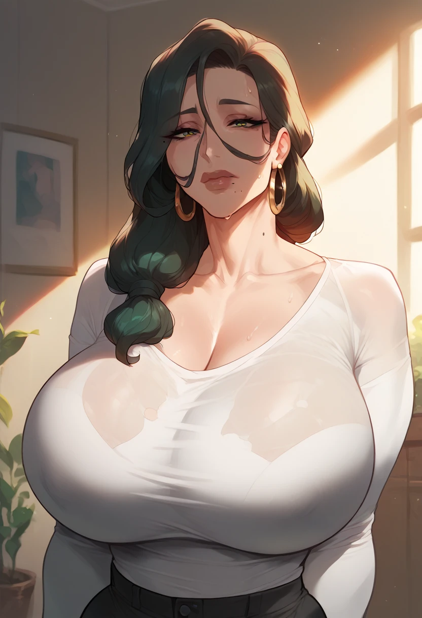 Hyper realistic, mother, milf, mature female, perfect face, perfect lighting, sexy lips, sexy female, closed mouth, beauty mark, thicc، cleavage, huge breasts, sweat、Black long sleeve T-shirt