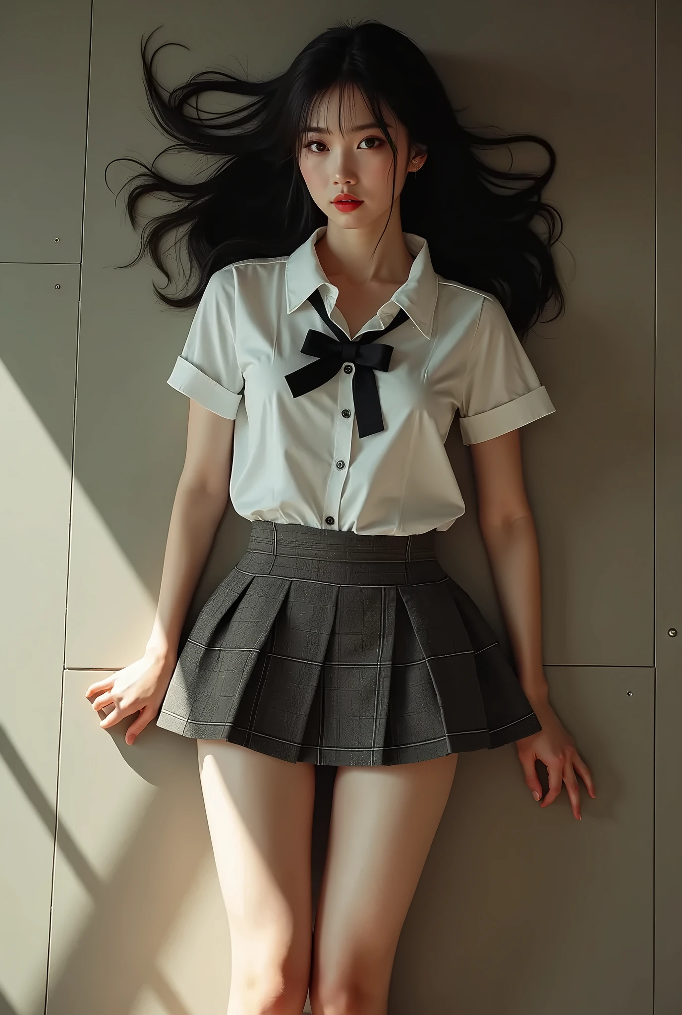 underwear, photo of 17 y.o lady, cute, panties, ((kpop idol)), lace panties, sitting, pantyshot, spread legs, skirt, school uniform, white panties, socks, black hair, shirt, blurry, blurry background, kneehighs, white shirt, loafers, realistic, long hair, lips, brown eyes, black socks, bowtie, pleated skirt, bow, head rest, looking to the side, outdoors, brown footwear, masterpiece, best quality, ultra-detailed,