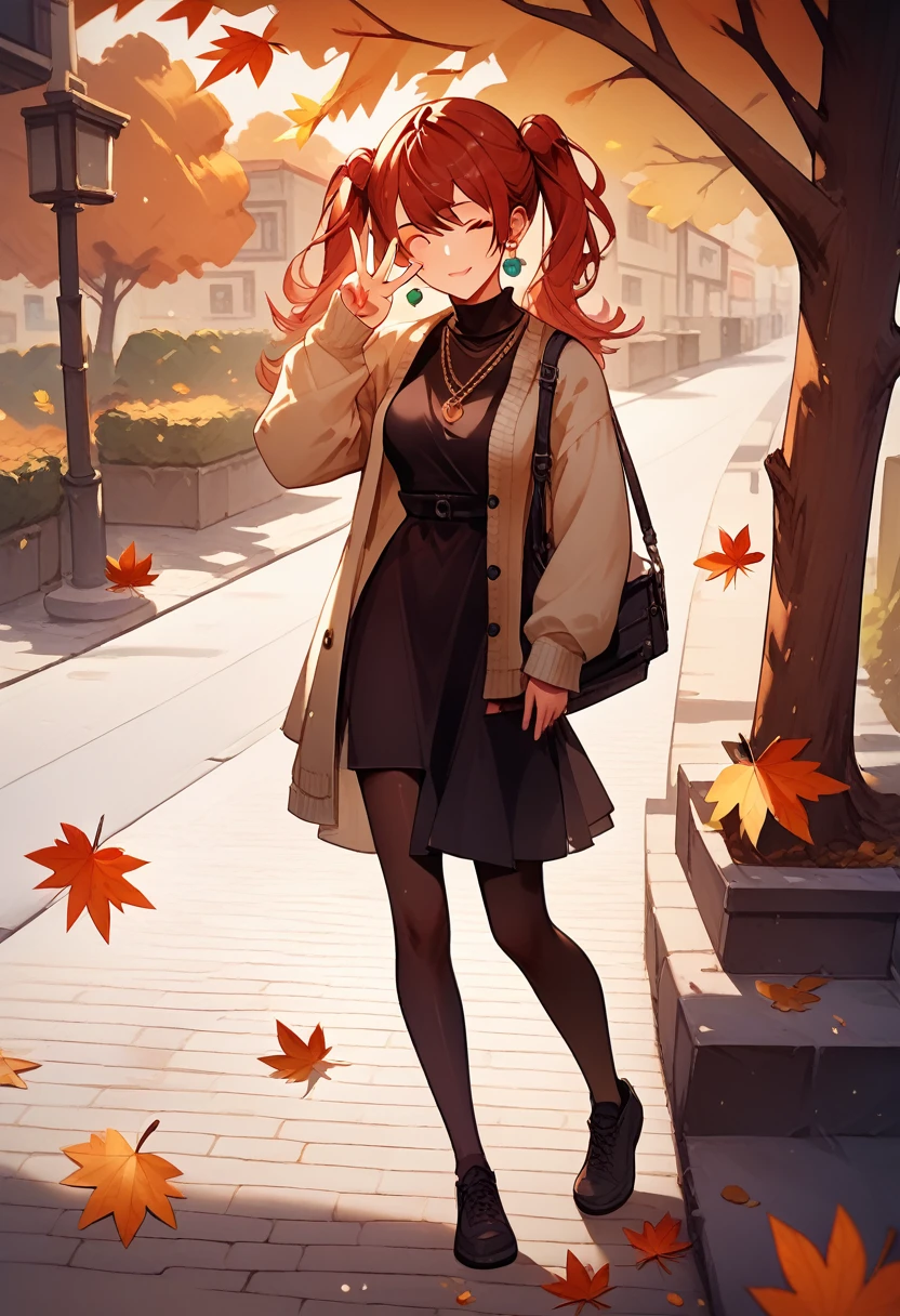 A woman shows off a handmade acorn necklace,With a wink,A tree-lined road dyed red and yellow by autumn leaves,Cobblestones,Cardigan,Sheer sweater dress,Black tights