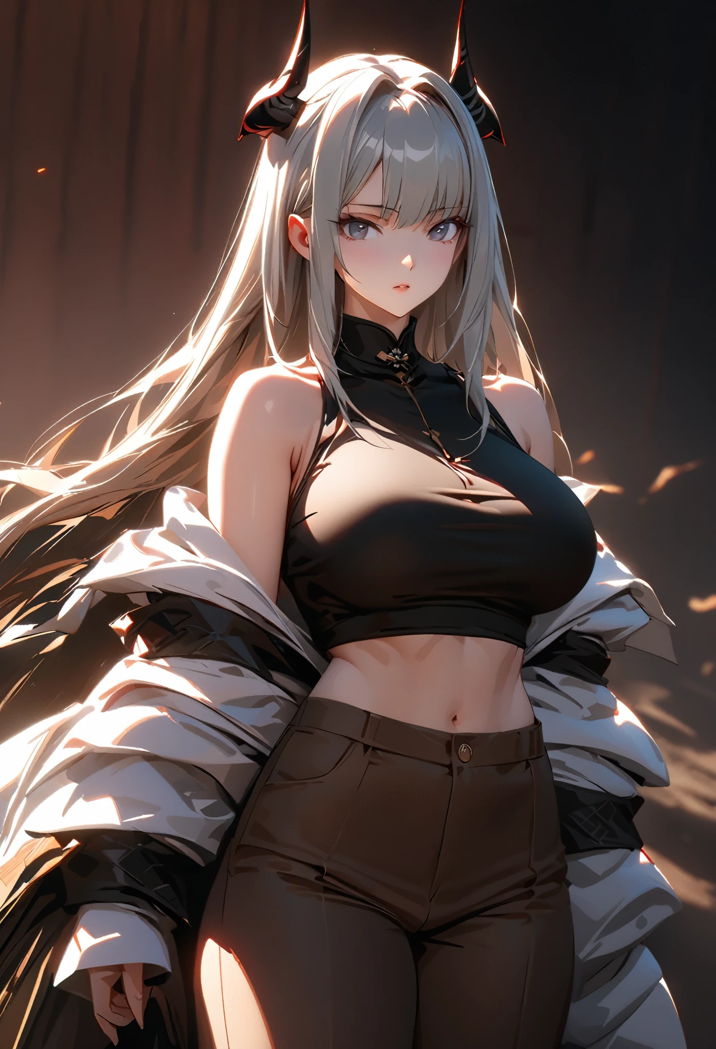 ((solo)), (woman), dark gray eyes, grey hair, long hair, full straight hair, (mature adult), ((old)), ((mature)), tall, fit, big breasts, a close up of a person, detailed key anime art, casimir art, masamune shiro, masamune, beautiful girl in demon slayer art, heise jinyao, shadowverse style, (no logos), brown pants, white shirt, dull hair, depth of field, cinematic lighting, ray tracing, depth of field, cinematic lighting, ray tracing, UHD, high details, best quality, highres, high quality, award winning, super detail, masterpiece, 8k, UHD, high details, best quality, highres, high quality, award winning, super detail, masterpiece, 8k
