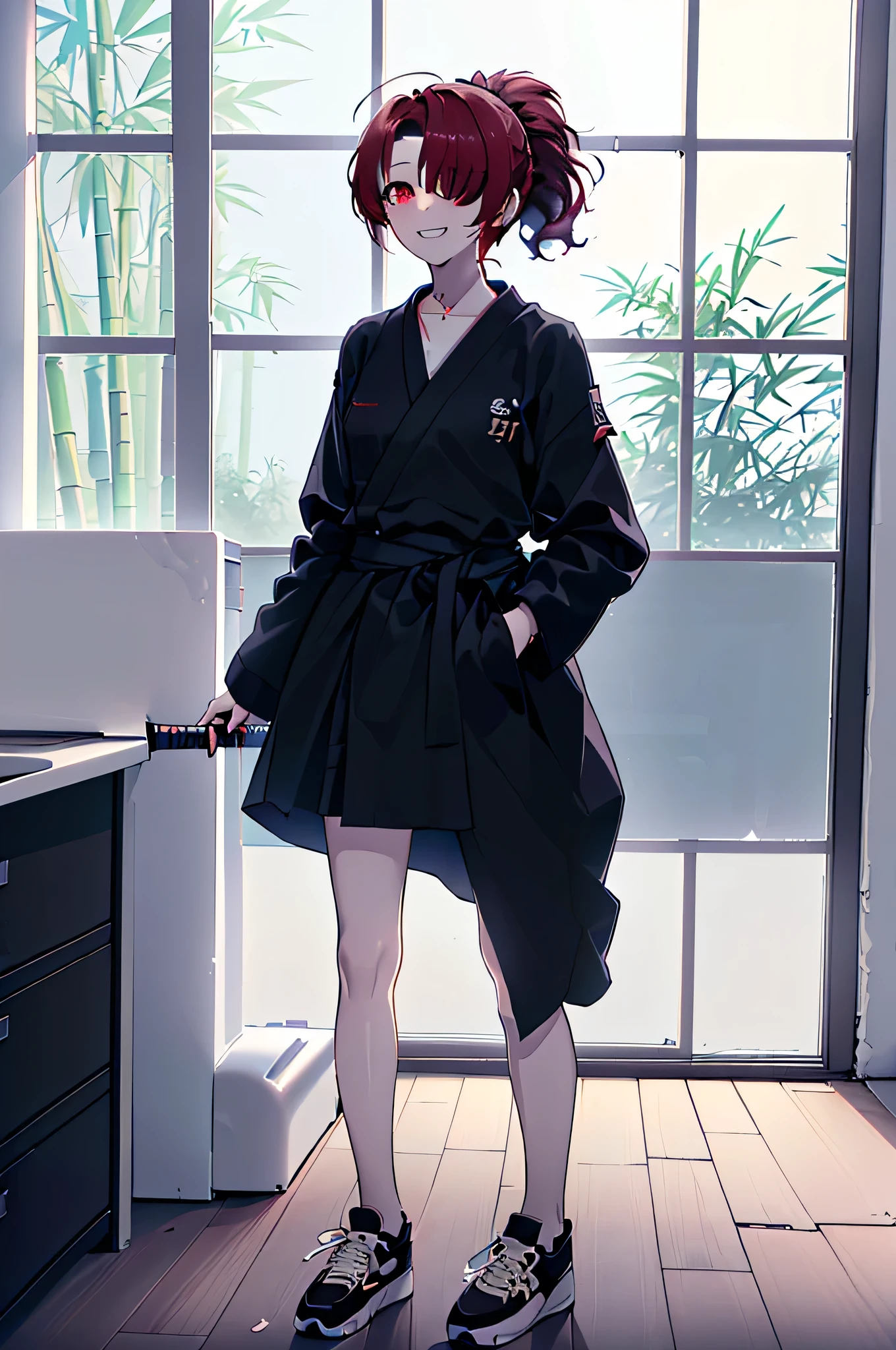 1girl, (Taken from a distance:1.5),(frontal:1.5),(Standing with your back against the wall, Holding a bamboo sword in his left hand, The right hand is carrying a load on the back:1.5),(tall figure, school, Kendo Club 복장, Kendo Club, Long plain gi, classroom, window, Lots of chairs and desks, blackboard, morning, window으로 들어오는 햇빛, azure, Beautiful shade, Lively:1.5), (morning, Sunshine:1.5), (Beautiful shade:1.5),(A well-made chest:1.5), (Dark red eyes:1.5), (hair over one eye, rustling and messy hair, Dark red hair, Long hair with strong curls, The left eye is covered by hair, Ponytail that falls below the waist:1.5), (sneakers, flushing:1.5), (Smiling faintly, Devilish smile, dead eyes, Eyes without pupils:1.5), (slim body :1.3)
