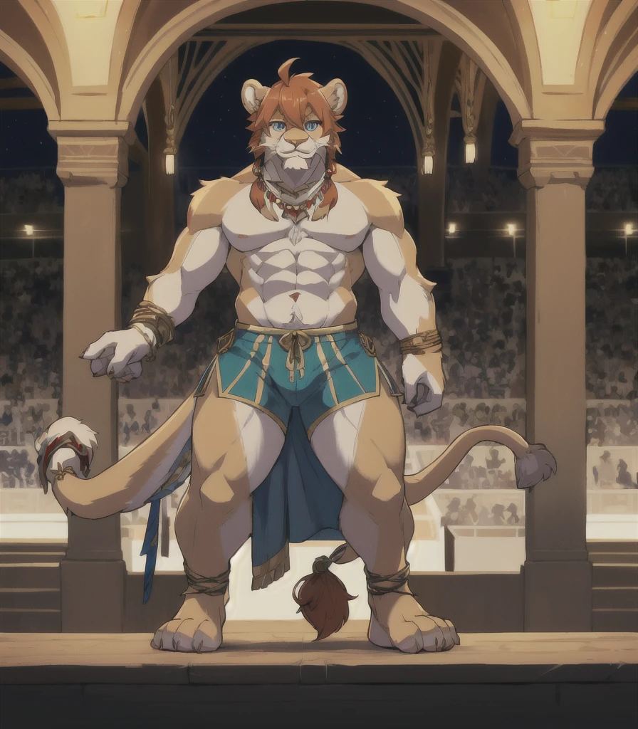 Born, masterpiece, Best Quality, Realistic, hi res, An absurd solution, Complex eyes, Intricate weaving, Detailed lighting, high detail, , Written boundary depth,
Beautiful Eyes, Detailed eyes,
Arena,
(Alone), Furry, Anthro, kemono, Lion, , thin, (Muscular body:1.15), adult,Age 30, male, Bodybuilder,Hercules,Strongest,,Golden Collar,ゴールデンbracelet,Weight 90kg,Height: 190cm,
Body hair, Tail tassel, moustache,Meatballs, blue eyes,
Hair tied up,Hair between the eyes,Ahoge,Side Lock,Crossed bangs,
standing, smile,knees,ankle,Toes, Long body,Long arms,Long limbs,Long limbs,Long limbs,Long limbs,Long limbs,Long legs,
,necklace,,bracelet, Blue shorts,