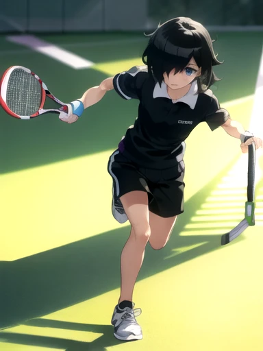 masterpiece, best quality, 1 , Alone, full body, running, holding tennis racket, tennis string background, from the front,hair over one eye, bags under the eyes,black hair, school sportswear,