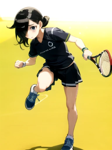 masterpiece, best quality, 1 , Alone, full body, running, holding tennis racket, tennis string background, from the front,hair over one eye, bags under the eyes,black hair, school sportswear,