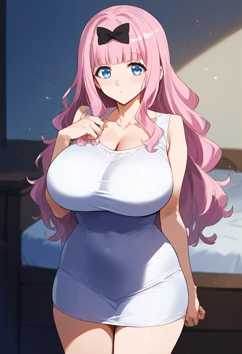 score_9, score_6_up, source_anime, 1girl, solo, , cowboy shot, chika, blue eyes, pink hair, hair bow, black bow,, huge breasts 、クロップドキャミソール、黒いドルフィンパンツ