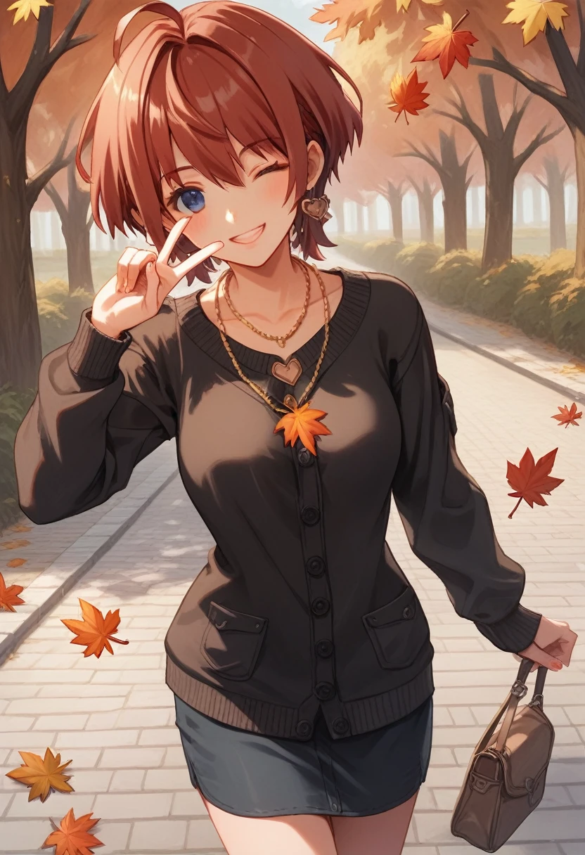 Woman showing off handmade acorn necklace,With a wink,A tree-lined road dyed red and yellow by autumn leaves,Cobblestones,Cardigan,Sheer sweater dress, Tsubame Minami, A necklace made of acorns, maple leaves, and bird feathers strung together on thread