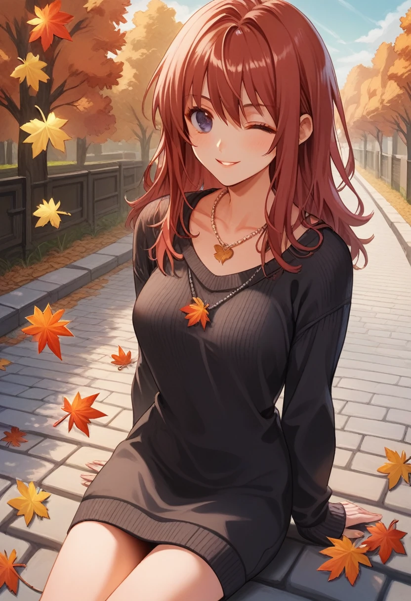 Woman showing off handmade acorn necklace,With a wink,A tree-lined road dyed red and yellow by autumn leaves,Cobblestones,Cardigan,Sheer sweater dress, Tsubame Minami, A necklace made of acorns, maple leaves, and bird feathers strung together on thread