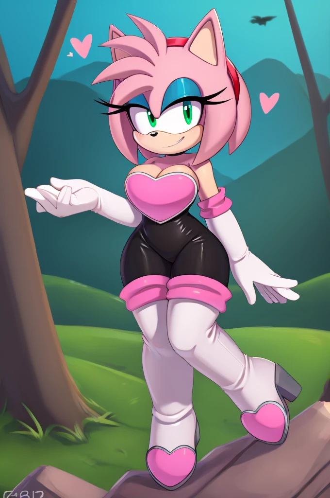 Score_9, score_8_up, 2D, flat color, looking at viewer, (1girl), (solo), very detailed, extremely detailed, Amy Rose from the sonic the hedgehog series, portrait, smile, looking at viewers, hair down, hair bangs, large bust, milf, Rouge cosplay, cosplay, Rouge outfit, she wears a black skin-tight and strapless low-cut jumpsuit, a pink heart-shaped chest plate outlined with thin white trim, elbow-length white gloves and thigh-high high-heeled boots with pink cuffs to match them, with the latter featuring both gray soles and heels, along with steel toes in the appearance of pink hearts, matching her jumpsuit's chest plate, standing on a mountain peak with green grass, down below is the autumn forest. holding a sword