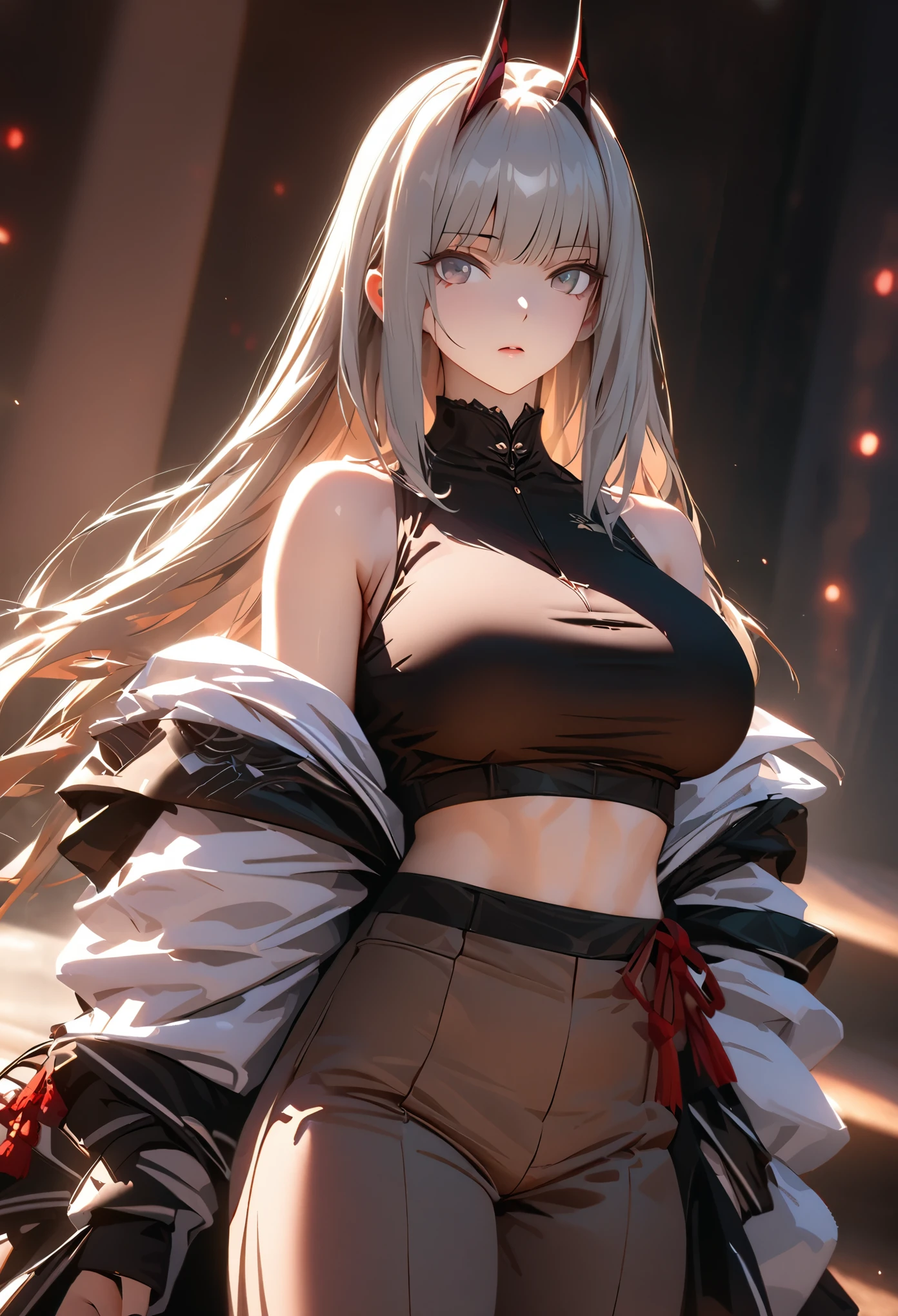 ((solo)), (woman), dark gray eyes, grey hair, long hair, full straight hair, (mature adult), ((old)), ((mature)), tall, fit, big breasts, a close up of a person, detailed key anime art, casimir art, masamune shiro, masamune, beautiful girl in demon slayer art, heise jinyao, shadowverse style, (no logos), brown pants, white shirt, dull hair, depth of field, cinematic lighting, ray tracing, depth of field, cinematic lighting, ray tracing, UHD, high details, best quality, highres, high quality, award winning, super detail, masterpiece, 8k, UHD, high details, best quality, highres, high quality, award winning, super detail, masterpiece, 8k
