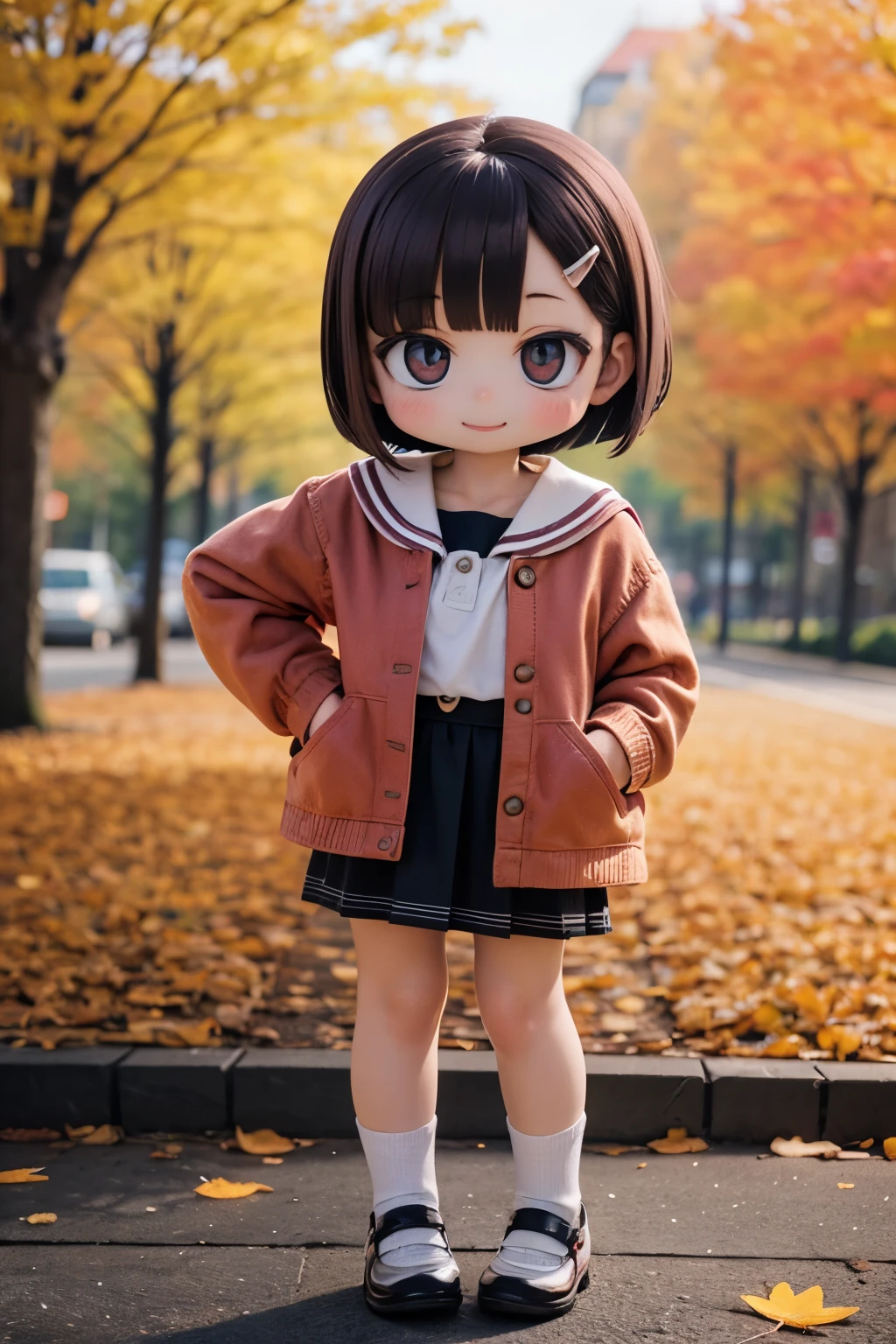 Photorealistic、Chibi Girl（smile、Standing pose、front、Autumn Clothes、Cute Shoes、Cute hairpin、Short Bob）