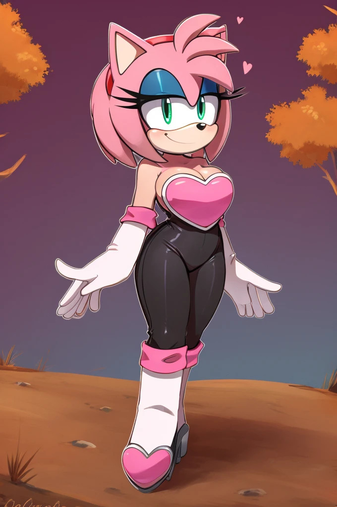 Score_9, score_8_up, 2D, flat color, looking at viewer, (1girl), (solo), very detailed, extremely detailed, Amy Rose from the sonic the hedgehog series, portrait, smile, looking at viewers, hair down, hair bangs, large bust, milf, Rouge cosplay, cosplay, Rouge outfit, she wears a black skin-tight and strapless low-cut jumpsuit, a pink heart-shaped chest plate outlined with thin white trim, elbow-length white gloves and thigh-high high-heeled boots with pink cuffs to match them, with the latter featuring both gray soles and heels, along with steel toes in the appearance of pink hearts, matching her jumpsuit's chest plate, standing on a hill in the autumn forest. holding a sword