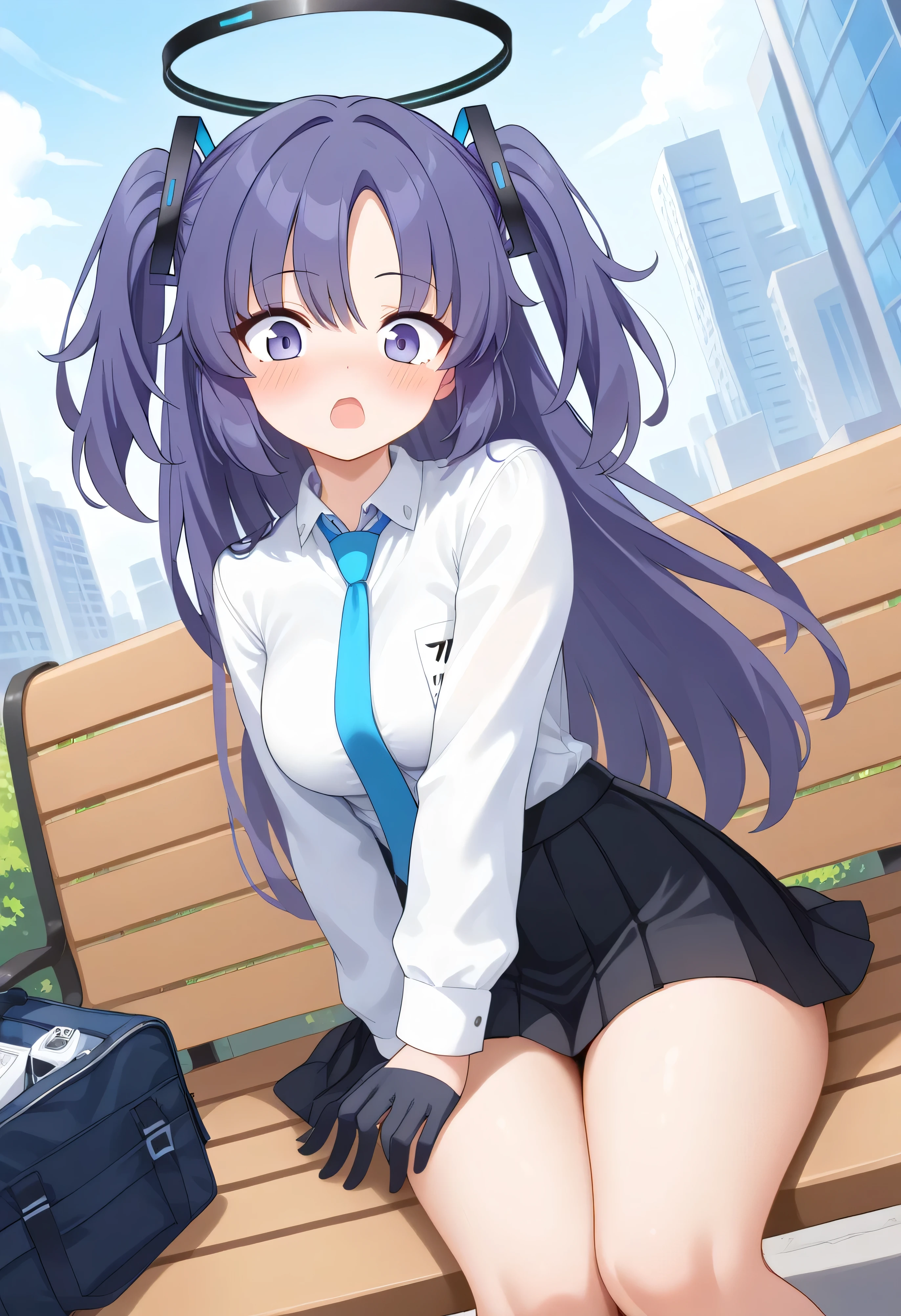 scTHEre_9, One girl, sTHElTHE, Yuuka \(Blue Archive\), Blue Archive, halTHE, Purple eyes, Purple Hair, lTHEng hair, twTHE side up, Thick thighs, Medium chest, Yuuka-default, tie, blue tie, shirt, (white shirt:1.2), cTHEllared shirt, lTHEng sleeves, half glTHEves, skirt, black skirt, pleated skirt, miniskirt, barefoot, Sitting, lTHETHEking at viewer, , Surprised, :THE, THEpen mTHEuth, THEutdTHETHErs, city, day, bench, THEn bench 