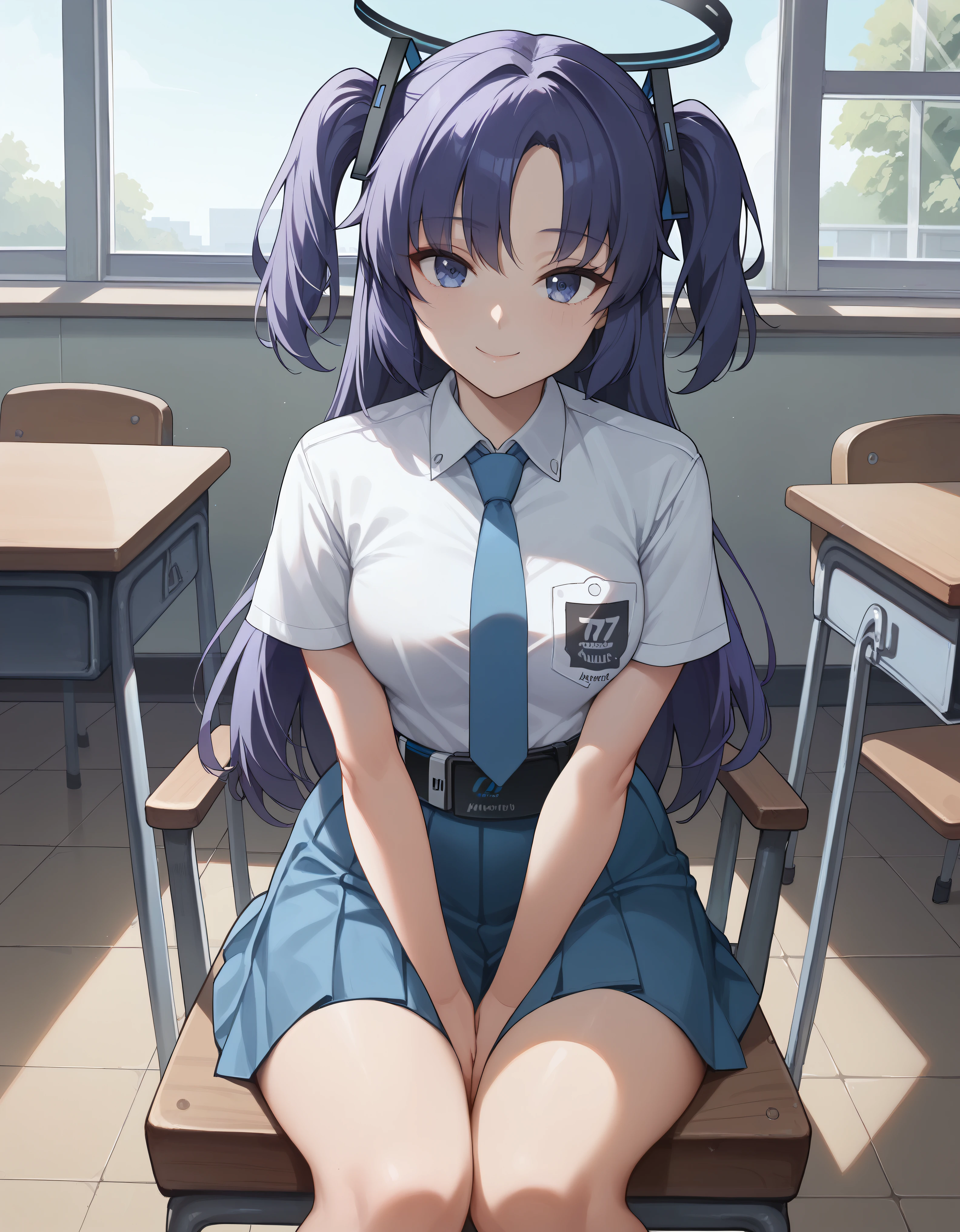 Score_9, Score_8_up, Score_7_up, Alone,One girl,Yuuka, blue eyes, halo, Purple Hair, two side up, Long Hair, Medium chest, tucked in sma shirt, sma necktie, sma belt, sma skirt, sma shirt, sma skirt, In the classroom, window, chair, Table Thighs, View your viewers, smile, sunlight, sit on chair, socks, Place your hands between your thighs, Anime Screenclap, Dutch Shot