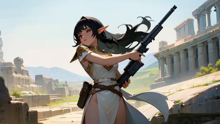 fantasy, female, elf, black hair, wearing revealing white roman clothes, holding a gun, masterpiece, 4k, high detail