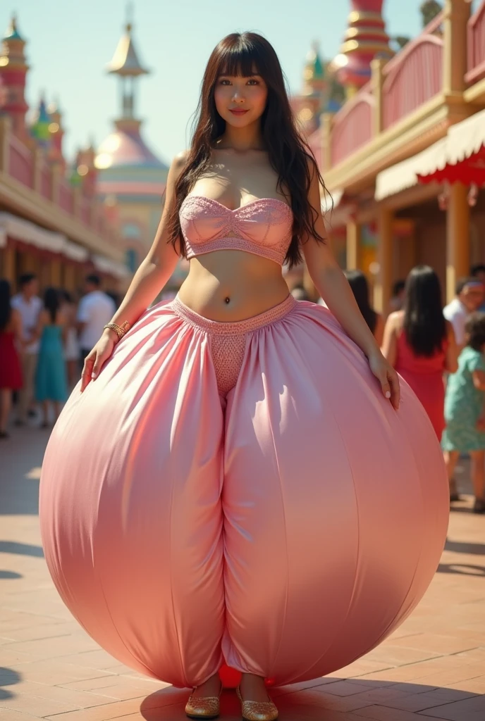 Japanese girl, solo, full body shot, brown eyes, brown long hair, straight hair, hime cut, blunt bangs, blunt tips, hourglass figure, gigantic cleavage breasts, J-Cup breasts, (Insanely huge gigantic breasts, ginormous breasts:1.6), standing in front of an Arabian-themed sweets shop, wearing an Arabian outfit consisting of humongous inflatable satin princess Jasmine-style pants with her belly button completely exposed, gold shoes & gold dance flats, and a simple satin strapless bra. The outfit is light pink and the pants are extremely puffy and completely round and completely spherical, (Best quality:1.3).