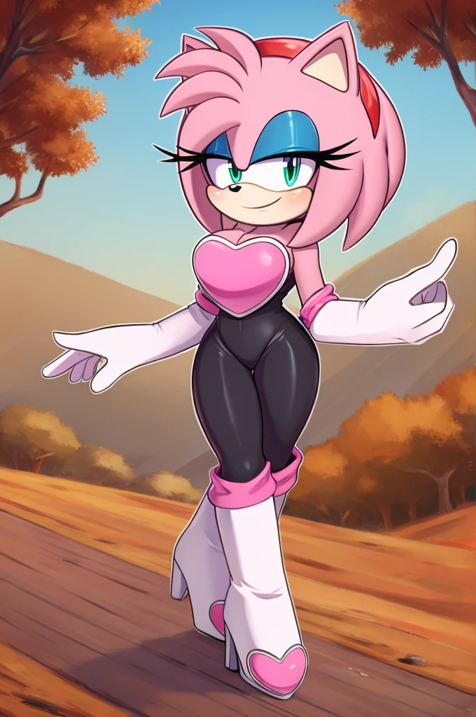 Score_9, score_8_up, 2D, flat color, looking at viewer, (1girl), (solo), very detailed, extremely detailed, Amy Rose from the sonic the hedgehog series, portrait, smile, looking at viewers, hair down, hair bangs, large bust, milf, Rouge cosplay, cosplay, Rouge outfit, she wears a black skin-tight and strapless low-cut jumpsuit, a pink heart-shaped chest plate outlined with thin white trim, elbow-length white gloves and thigh-high high-heeled boots with pink cuffs to match them, with the latter featuring both gray soles and heels, along with steel toes in the appearance of pink hearts, matching her jumpsuit's chest plate, standing on a hill in the autumn forest. Holds a knight sword, blue skies