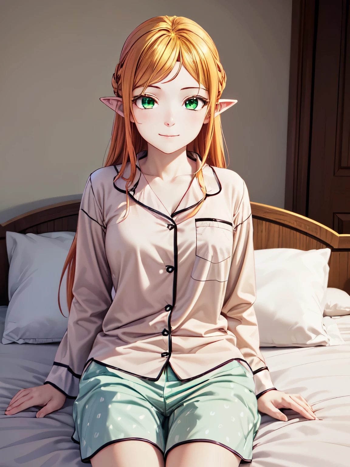 Tsundere Fairy、One Girl、solo、Long Hair、blonde、(Green Eyes:1.5)、Pointed Ears、Fairy、Multicolored Hair、Forehead gem、smile、Closed Mouth、One Girl、Light blue pajamas、indoor、High resolution、Sw、Closed Mouth、smile、Long Hair、Attractive eyes、Attractive eyes、(Sleepy face in bed:1.5).Half asleep、(Shorts、In pajamas:1.2),Hands behind head、Sharp pupils、High resolution、High resolution、 super fine painting,、(Very detailed、color、Sparkle)、(Genuine、Real、Realistic:1.3)、 High resolution、超High resolution