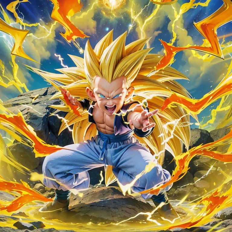 masterpiece, best quality, highest quality, perfect anatomy, perfect face, perfect eyes, well defined corneas, gotenx-ss3-smf, super saiyan, 1boy, male focus, blonde hair, solo, muscular, blue eyes, smile, spiked hair, abs, energy ball, electricity, long hair, full body, looking at viewer, no eyebrows, pants, grin, white pants, sash, aura, blue sash, pectorals, super saiyan 3, teeth, muscular male, energy, boots, dougi
Negative Pro