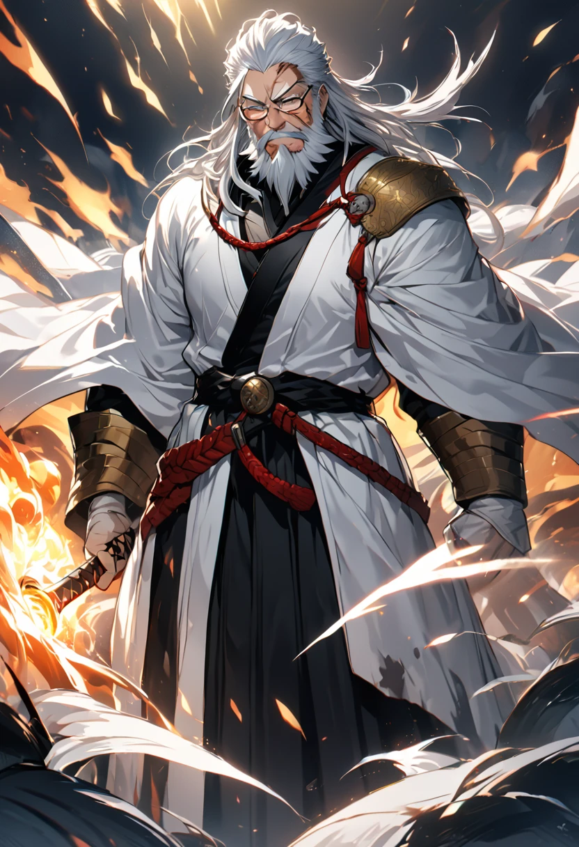 For Whitebeard's appearance in the Bleach universe, we could keep him looking similar to the original, but with a darker and more intimidating look. He would have an even bigger and shaggier white beard, and his face would be marked by scars from past battles. He would have a sword uniform, with a white cape and a black hakama, and one of his hands would be a sword that he could use to attack his enemies. 8k HD