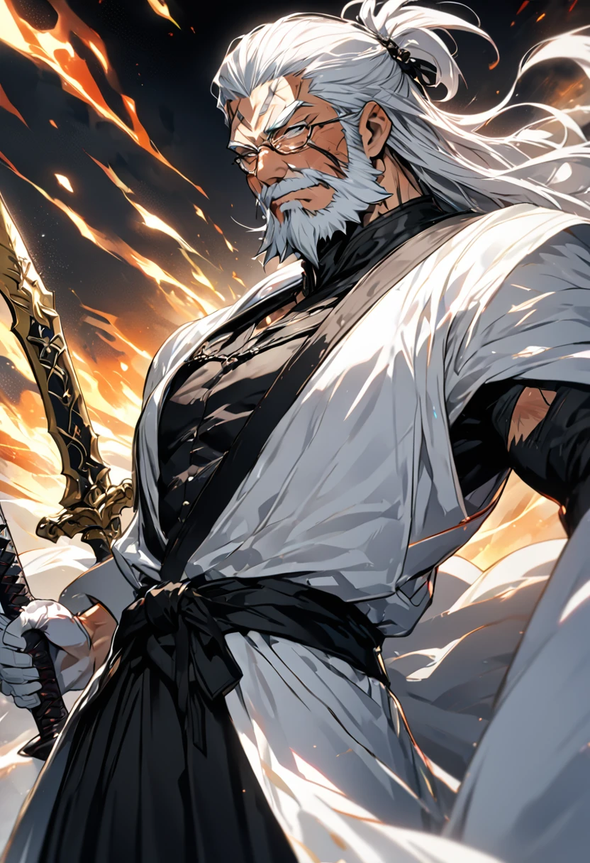 For Whitebeard's appearance in the Bleach universe, we could keep him looking similar to the original, but with a darker and more intimidating look. He would have an even bigger and shaggier white beard, and his face would be marked by scars from past battles. He would have a sword uniform, with a white cape and a black hakama, and one of his hands would be a sword that he could use to attack his enemies. 8k HD