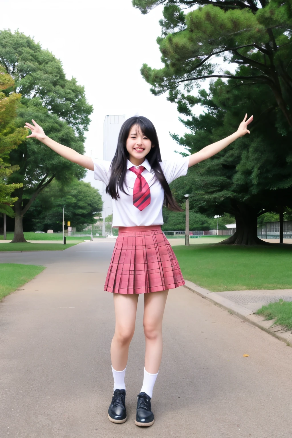 (8K), (Best Quality: 1.2), (Realistic), (Photorealism: 1.37), Ultra HDTV, , Cute, Smile, Open Mouth, Beautiful Details, Full Body,Long Legs, ((((White shirt, red microskirt, white panties, white socks)))), ((Gaian girl: 1.8))), (Loli: 1.6)))), Japan person, (Tokyo)), (Looking up from below) )))), ((((towering legs, perspective, shoes with a huge feeling))), mount