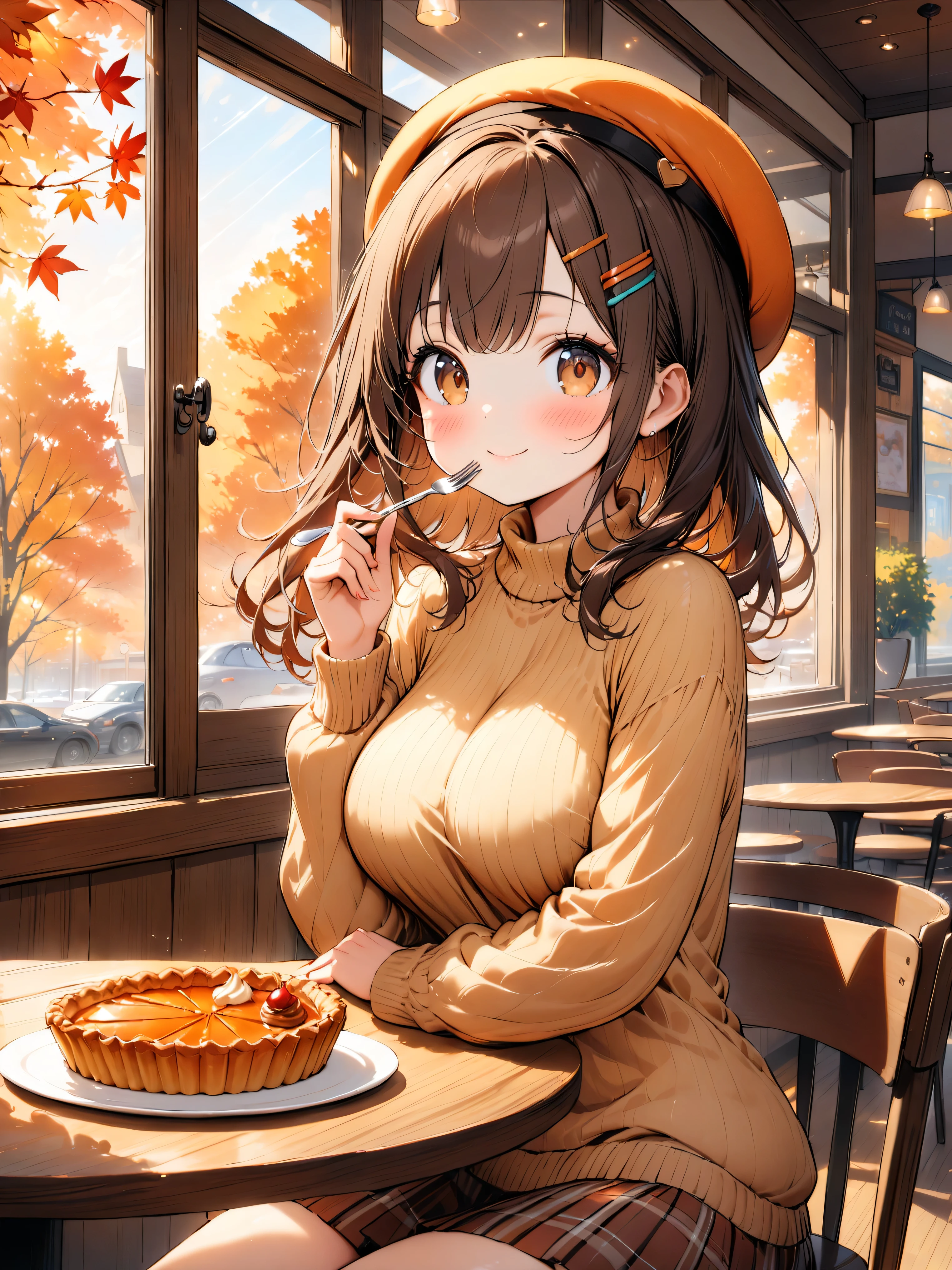 cute girl, (medium hair), (shoulder length hair:1.2), wavy brown hair, colorful hairpins, (bright expressive brown eyes), slight blush, petite body, (shortstack), (big breasts:0.4), natural round breasts, stylish cafe, Sitting, autumn desserts, pumpkin pie, chestnut tart, cute smile, autumn fashion, knit sweater, plaid skirt, beret, soft-colored clothes, warm-toned cafe interior, cozy atmosphere, wooden table, autumn leaves seen through cafe window, plate and fork, hair slightly swaying in the wind, autumn light streaming through the window, gentle light reflection, (masterpiece, best Quality, 16k), high Quality Face, highly Quality background