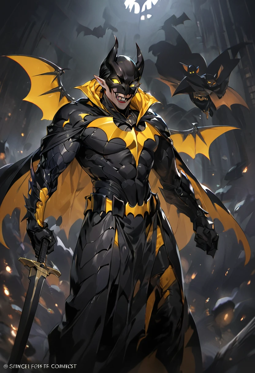 Appearance: Since Batman is known for his iconic costume and appearance, his adaptation for the Bleach universe would have some similarities. He would wear a full black armor, with a black cape that resembles bat wings. His eyes would be glowing yellow, similar to the eyes of a bat. He would also wear a black mask with pointy ears, to maintain his characteristic appearance. His Zanpakutou would be a long, thin sword, with a sharp black blade, 8k high definition