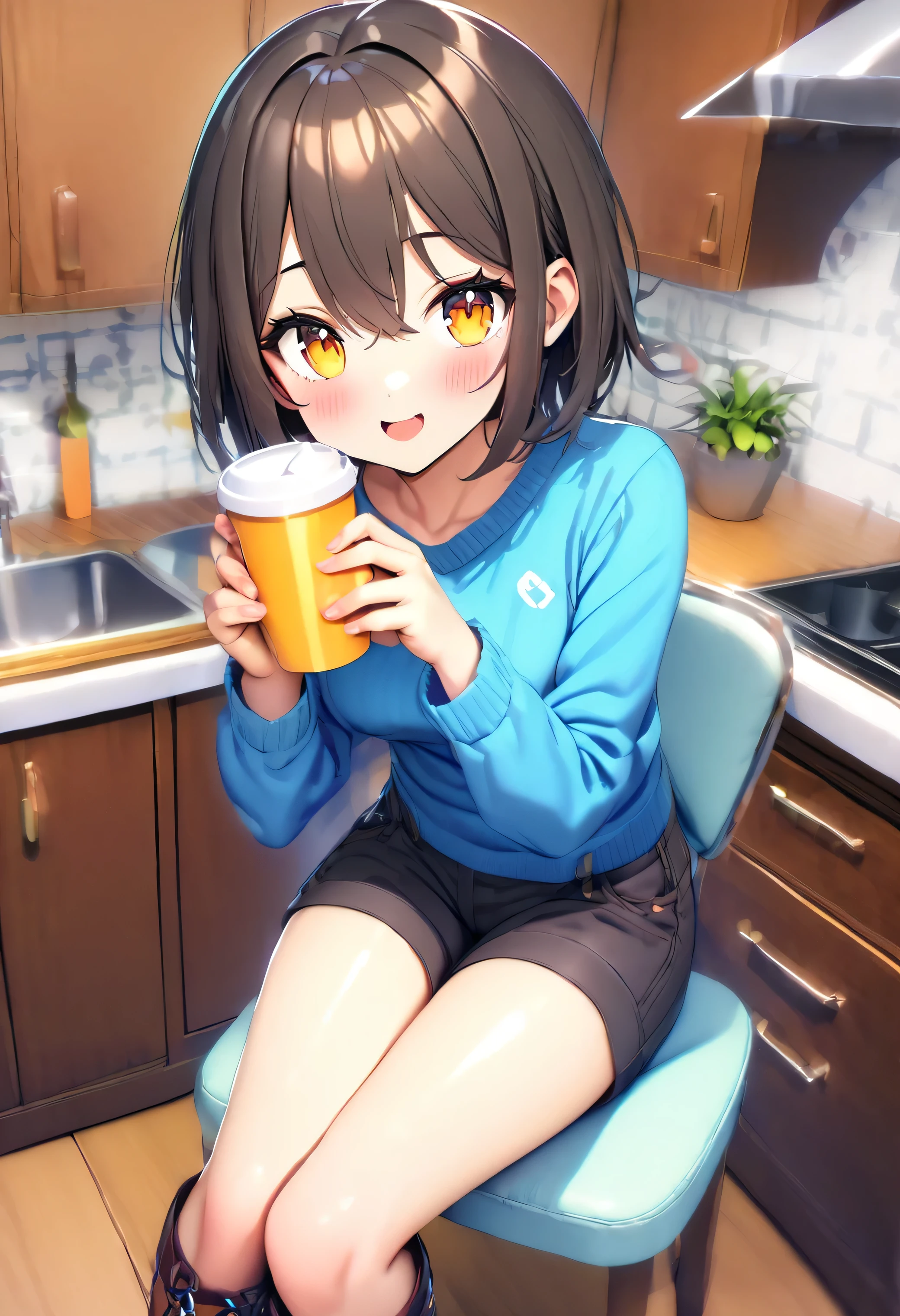 score_9, score_8_up, score_7_up ,FriskXL11, yellow eyes, brown hair, blue sweater with purple stripe, shorts,short hair, boots ,cup on arm, hansome face,blush,sits on a chair, kitchen, high detailed face, looking at viewer,