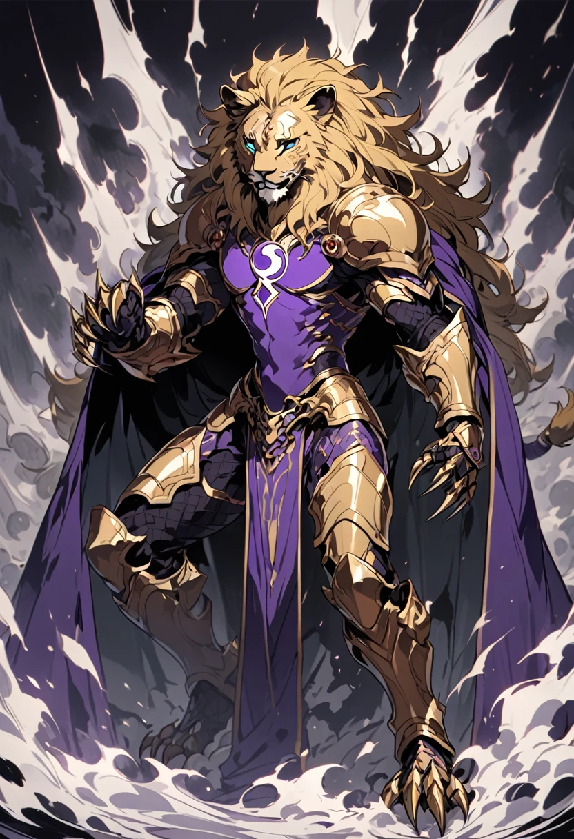 To adapt his appearance, Bills would have a purple and gold armor that covers his body, with a purple cape. He would have claws on his hands and feet, similar to a lion, and a lion mask that covers his head. On his forehead, he would have a golden Ying Yang symbol, representing the duality of creation and destruction. He would be slender, but muscular and would have spiky golden hair. His eyes would be green, with a vertical pupil, similar to a cat. When he releases his resurrection, his armor begins to glow in a dark purple tone, and he moves at very high speeds, creating shock waves in his path, high definition 8k