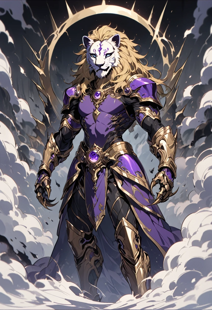 To adapt his appearance, Bills would have a purple and gold armor that covers his body, with a purple cape. He would have claws on his hands and feet, similar to a lion, and a lion mask that covers his head. On his forehead, he would have a golden Ying Yang symbol, representing the duality of creation and destruction. He would be slender, but muscular and would have spiky golden hair. His eyes would be green, with a vertical pupil, similar to a cat. When he releases his resurrection, his armor begins to glow in a dark purple tone, and he moves at very high speeds, creating shock waves in his path, high definition 8k