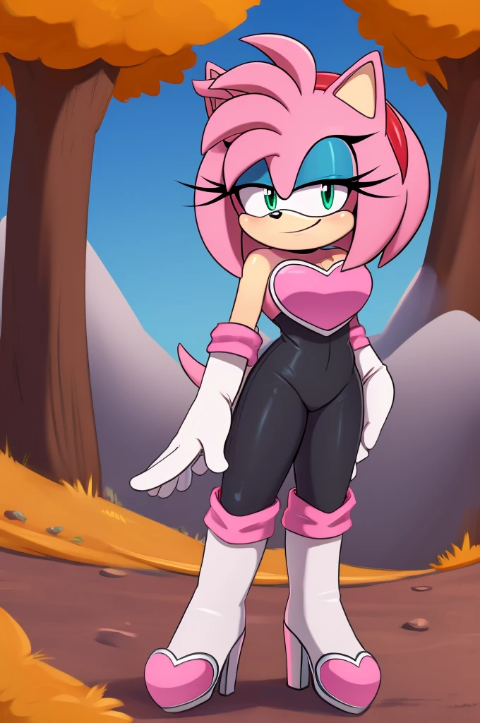 Score_9, score_8_up, 2D, flat color, looking at viewer, (1girl), (solo), very detailed, extremely detailed, Amy Rose from the sonic the hedgehog series, portrait, smile, looking at viewers, hair down, hair bangs, large bust, milf, Rouge cosplay, cosplay, Rouge outfit, she wears a black skin-tight and strapless low-cut jumpsuit, a pink heart-shaped chest plate outlined with thin white trim, elbow-length white gloves and thigh-high high-heeled boots with pink cuffs to match them, with the latter featuring both gray soles and heels, along with steel toes in the appearance of pink hearts, matching her jumpsuit's chest plate, standing on a hill in the autumn forest. Holds a knight sword on the right hand, blue skies, a sliver knight sword 