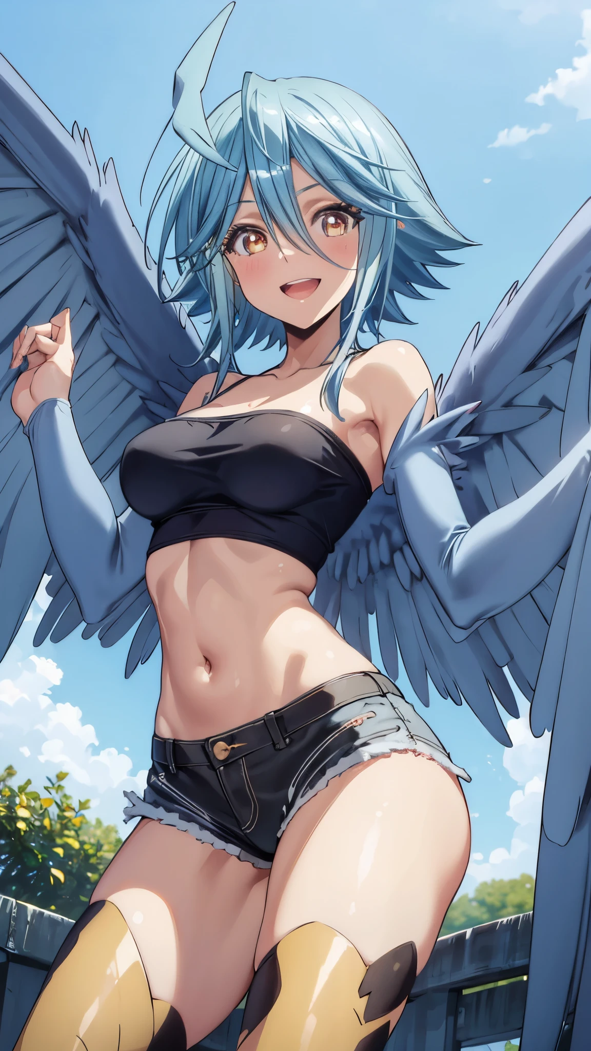 1girl,solo, papi, (monster girl, harpy, bird legs, winged arms:1.3), black tube top,(short shorts), open mouth, smile, masterpiece,Noise Reduction,perfect anatomy,high resolution, ultra-detailed, ultra-detailed face,game cg,dutch angle ,beautiful detailed eyes,visualart,five fingers, perfect hands, perfect lighting, sparkling pupils,