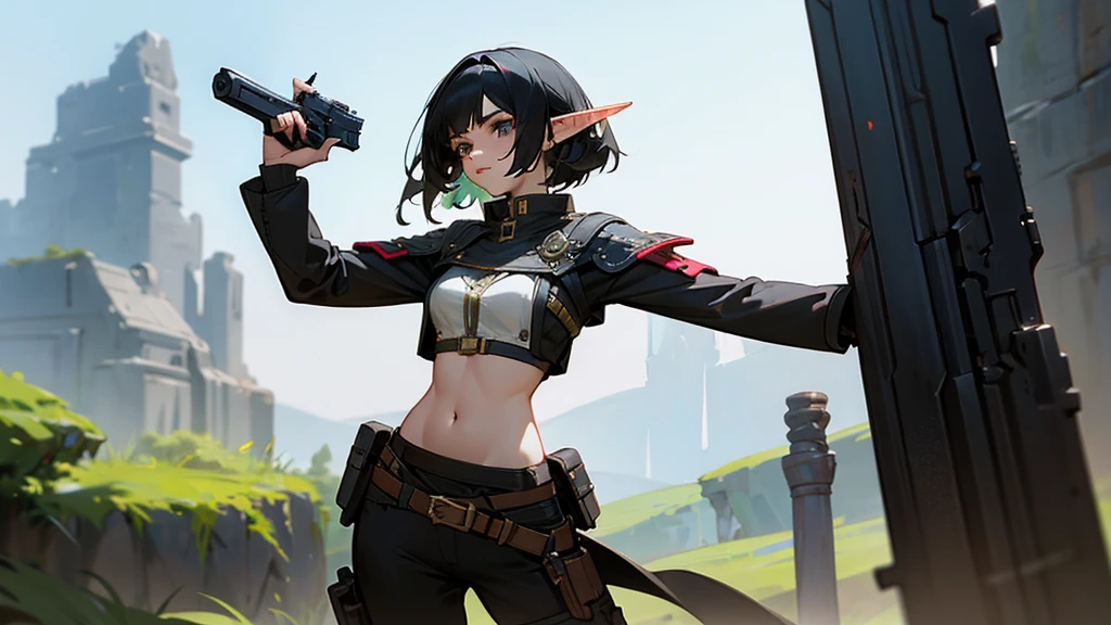 fantasy, female, elf, black hair, wearing revealing any color roman clothes, holding a destiny2weapon handgun in right hand, standing straight, masterpiece, 4k, high detail