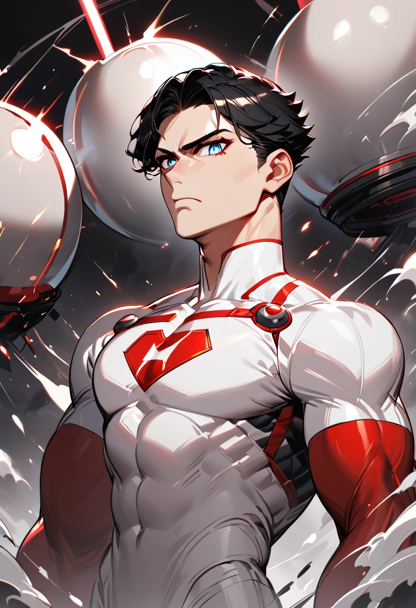 Bomberman, in his human form, has the appearance of a thin, athletic young man with black hair and blue eyes. He wears a white outfit with black and red details, with a bomb-shaped emblem on his chest. His face is stern and serious, reflecting his determined and explosive personality, high definition 8k