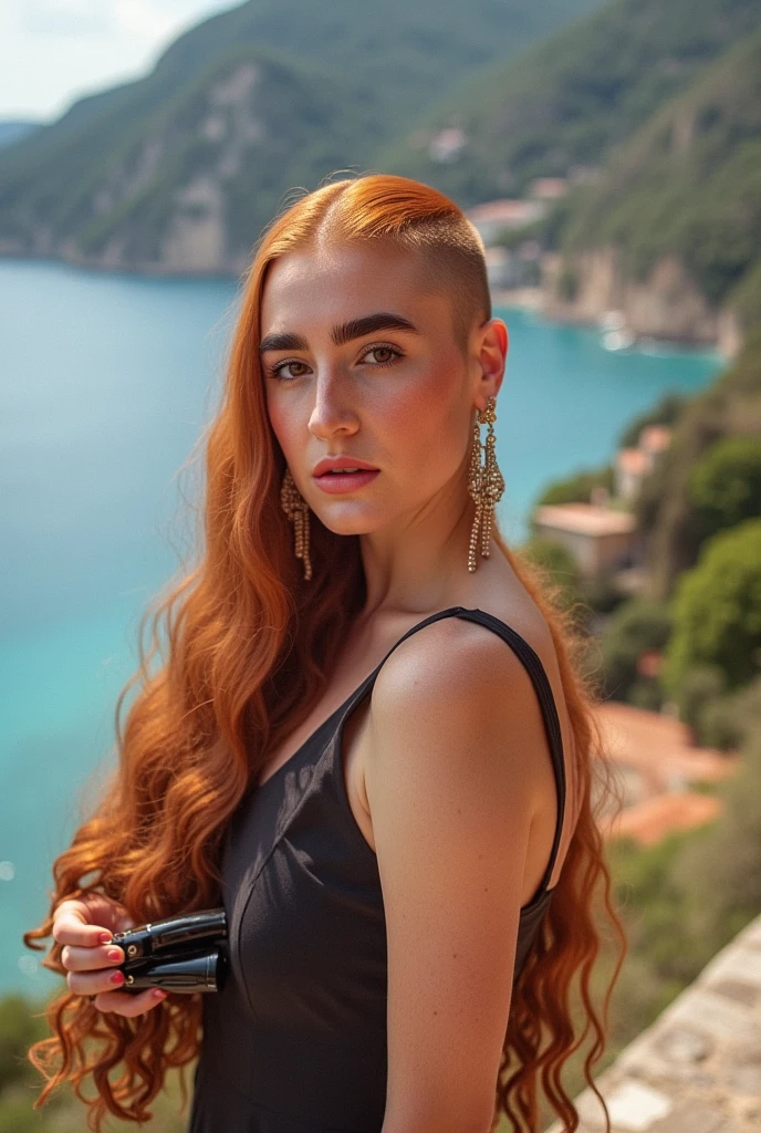 beautiful woman extremely long red hair shaved bald streak down the middle of her head, pair of hair clippers in her hand, in a dark sun dress looking at viewer on the Amalfi coast