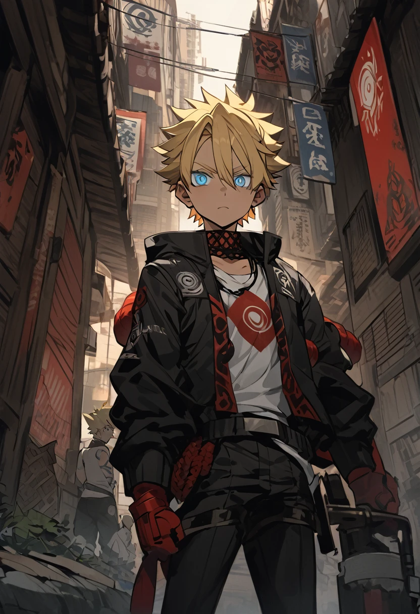 Appearance: Boro has spiky blond hair, similar to Boruto, and light blue eyes. He wears a black jacket with a white shirt underneath, black pants, and combat shoes. He also wears a bandana with the Uzumaki family symbol around his neck, 8k high definition